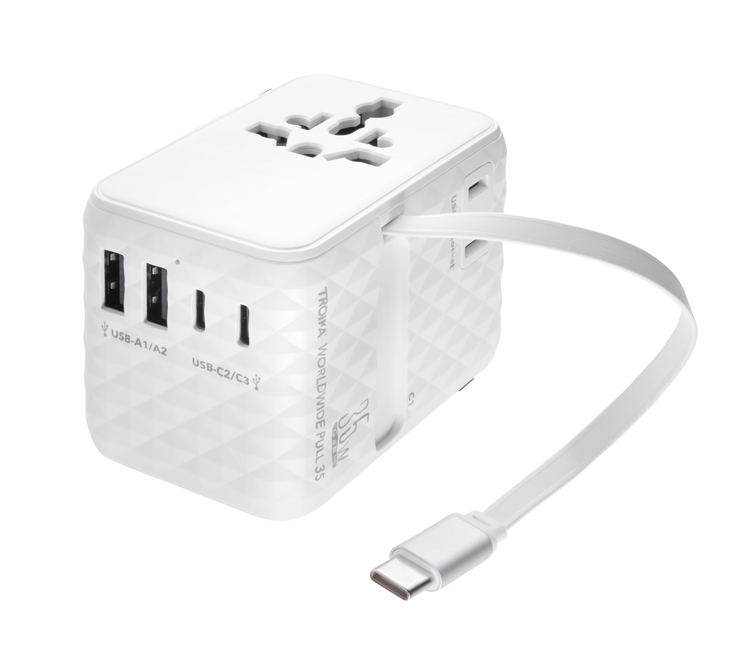 TROIKA Worldwide Pull 35 adapter podróżny na całym świecie/USA/WYŁ.UK/UK + USA/JP wraz z kablem USB-C do szybkiego ładowania i nadaje się do wszystkich powszechnie stosowanych gniazd wtykowych 5 w