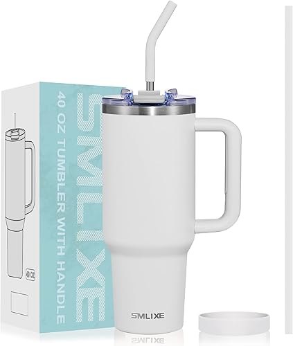 Miniatura 18 de Vaso de 40 onzas con asa y tapa con pajilla, botella de agua de acero inoxidable reutilizable con aislamiento, taza de viaje, apta para portavasos