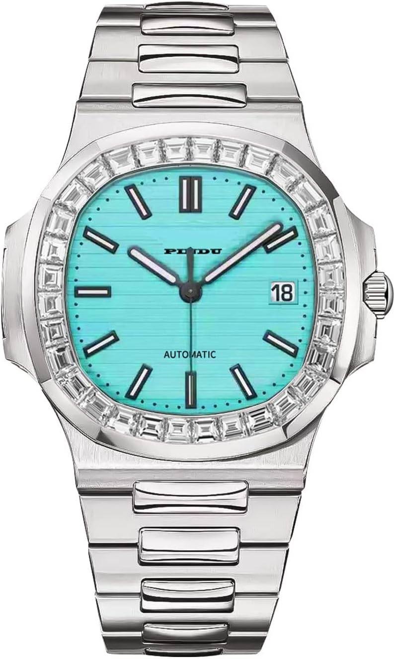 PINDU Automatic Watches for Men, Square Diamond Watch Stainless Steel Strap Skeleton Self-Winding Mechanical Watch Wrist Watch Gift for Men