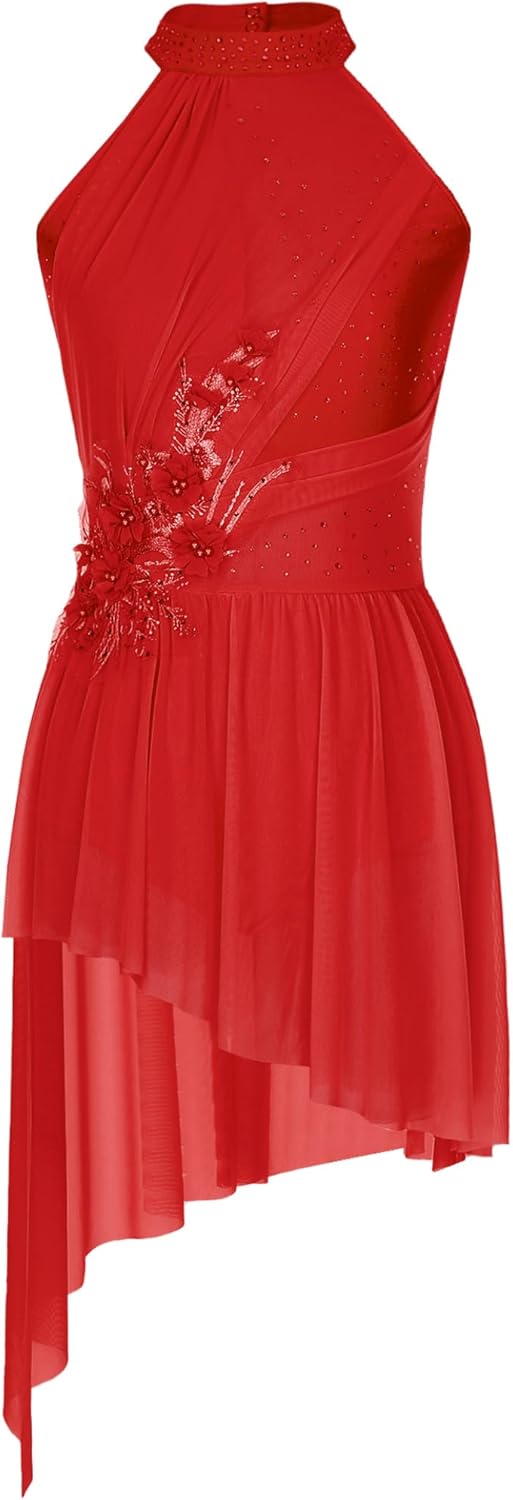 Women Applique Lyrical Dance Dress Irregular Flowy Tulle Skirt Leotard Contemporary Dance Costume