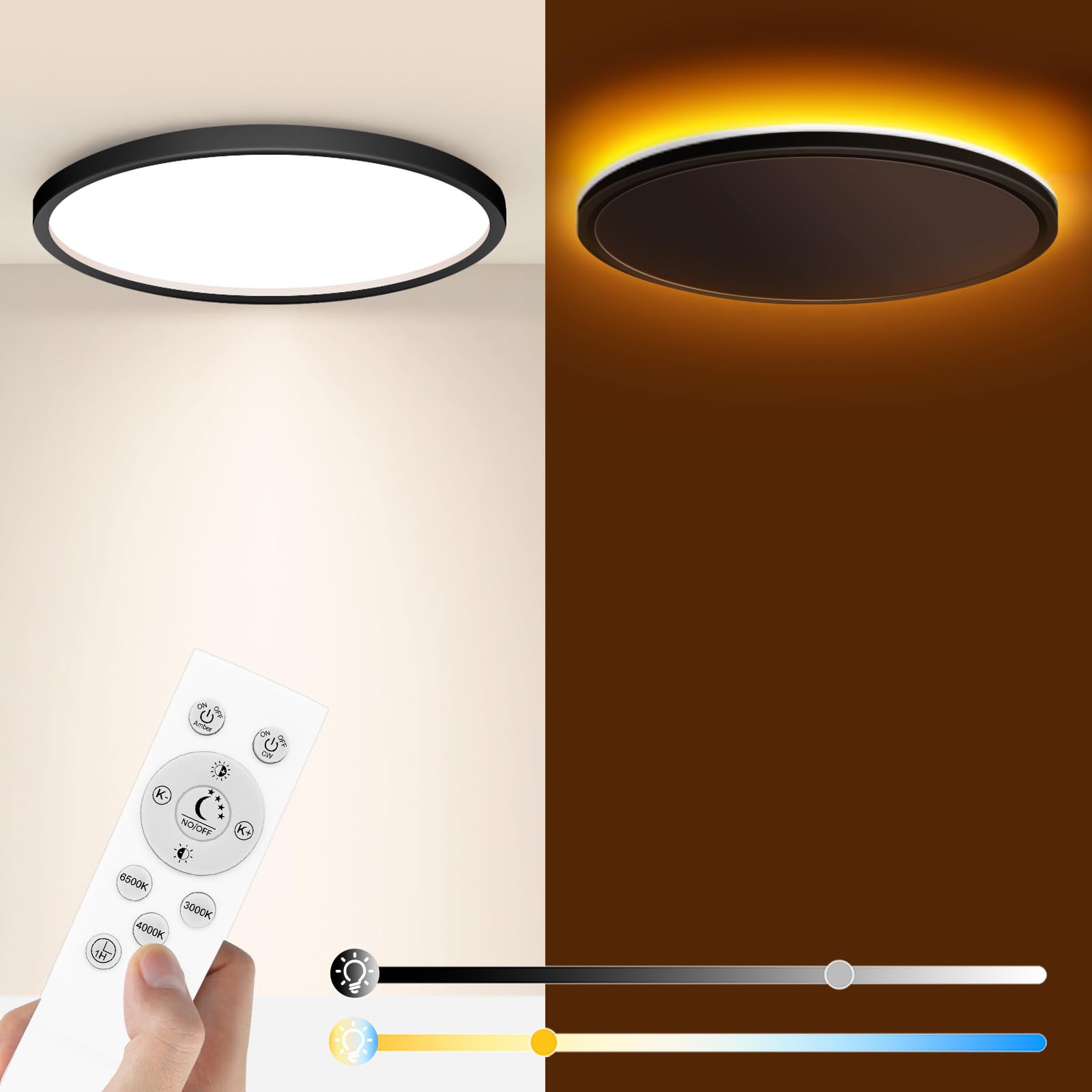 slochi LED Deckenleuchte, 24W Deckenlampe Flach Dimmbar mit Fernbedienung, 1800K Nachtlicht Warm, 3000K-6500K, Ultra Dünn Schlafzimmer Lampe für Schlafzimme Wohnzimmer Kinderzimmer-Rund Schwarz