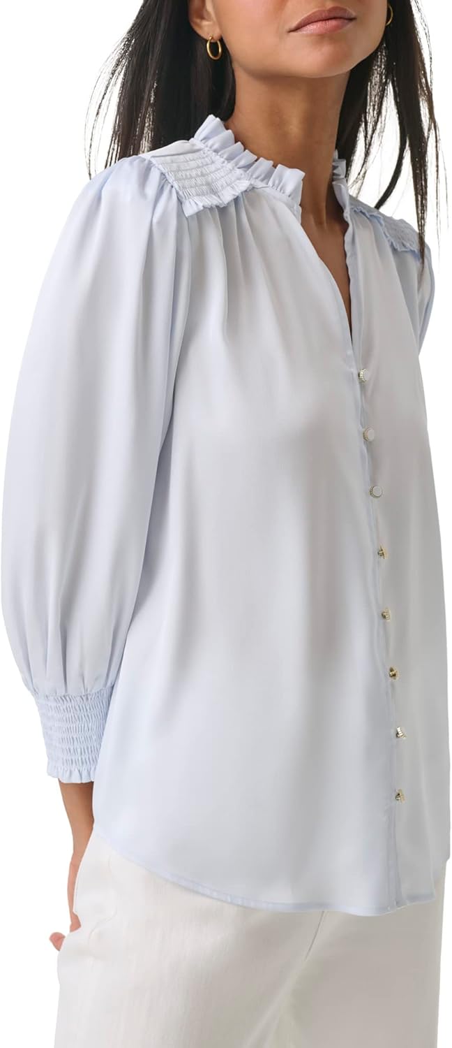Karl Lagerfeld Womens Lightweight Ruffle Collar 3/4 Sleeve Button Front Blouse - Image 2
