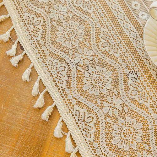 Image of MYSKY HOME Beige Boho Lace Sheer Curtains with Tassels 84 Inch Length 2 Panels Vintage Floral Bohemian Pattern French Rustic Crochet Geometry Striped Rod Pocket Drapes for Living Room Bedroom, 55 inch W