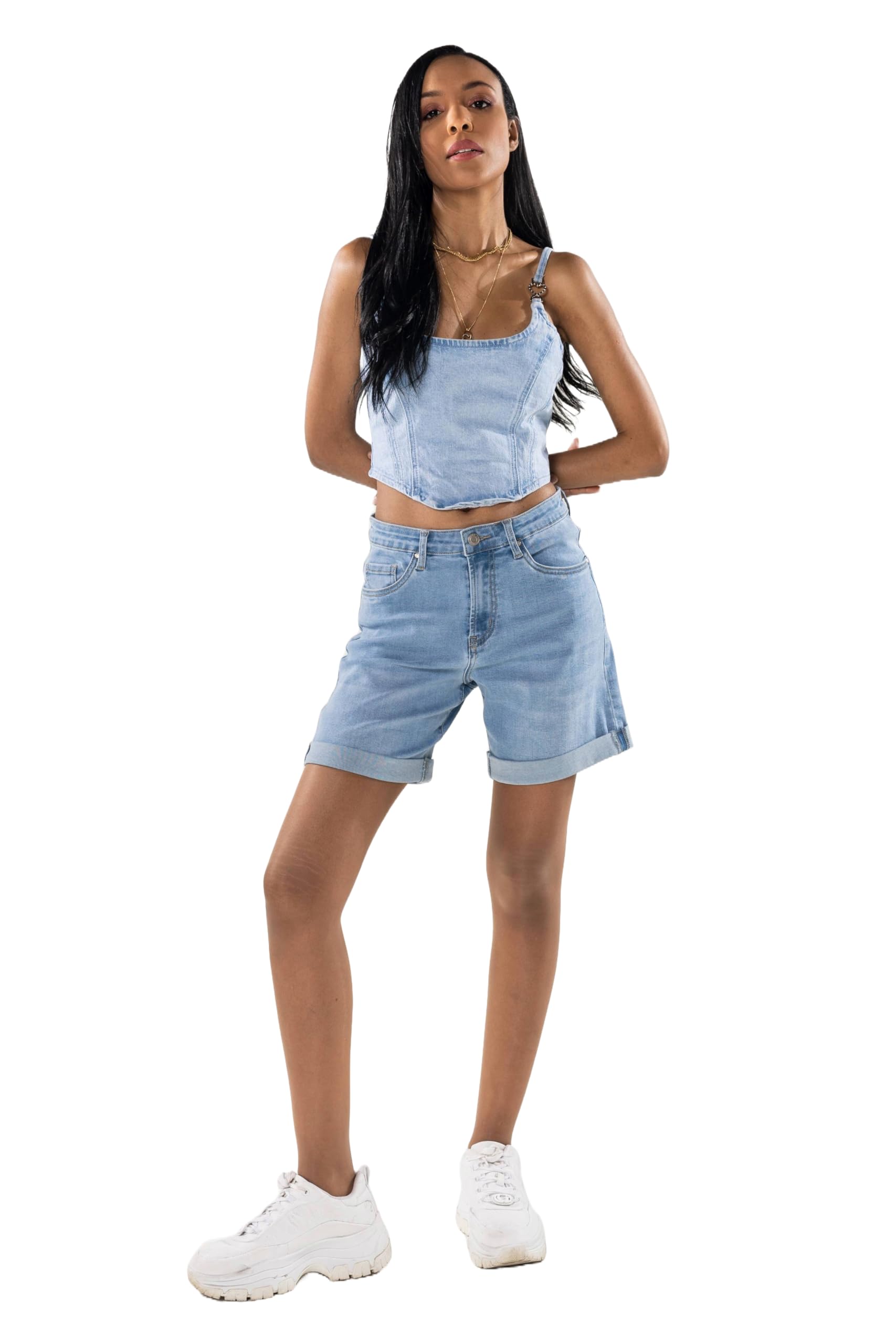 Nina Carter P208 Pantalones vaqueros cortos de cintura alta para mujer, aspecto desgastado, medio muslo, pantalones cortos de verano