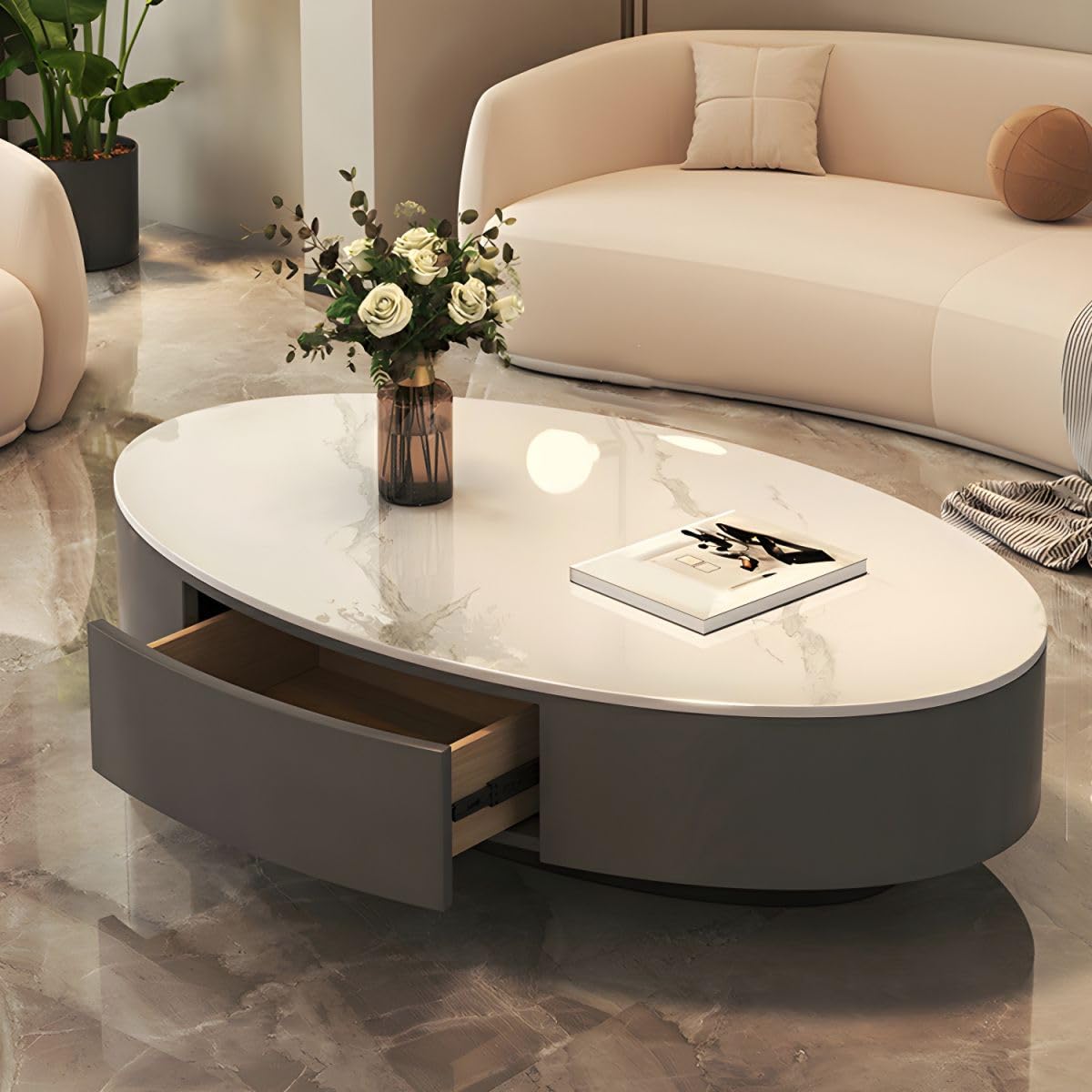 RUNNUP Oval Stone Coffee Table with Storage Modern Metal Pedestal Base Coffee Table for Living Room Easy Assembly, Gloss White 51" L x 24" W x 14" H