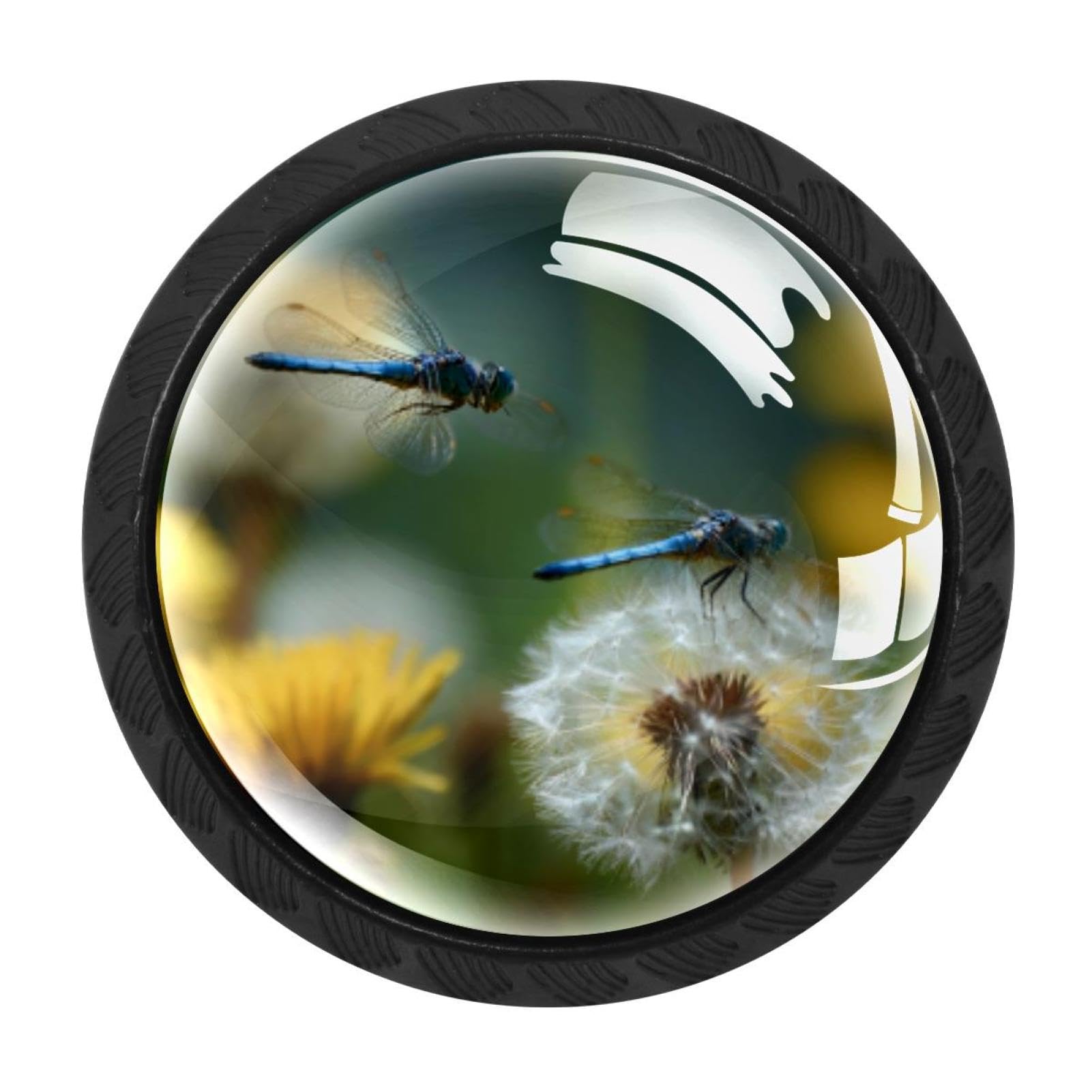 CHENZZZZ 4 Pieces Blue Dragonflies Flying Around Dandelion (2) Drawer Knobs, 35mm Black Cabinet Knobs, Drawer Pulls and Knobs, Dresser Drawer Knobs, Cabinet Hardware Kitchen Cabinet Knobs