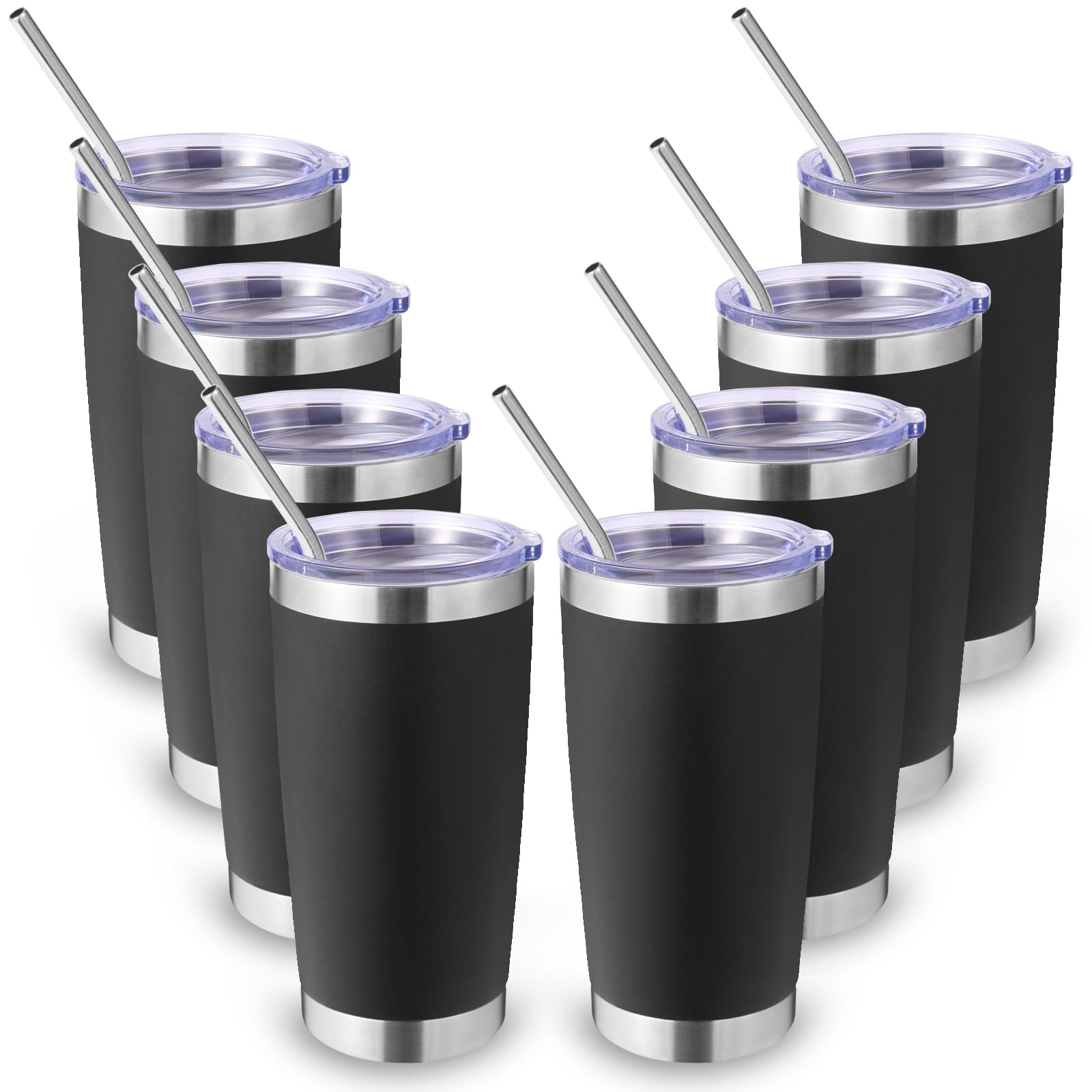 Volhoply 20oz 550ml Travel Insulated Tumbler with Lid and Straw Bulk 8 Pack, Double Wall Stainless Steel Coffee Mug Fits Cup Holder,Powder Coated Cups for Hot & Cold Drinks, BPA Free（Black,8 Set）
