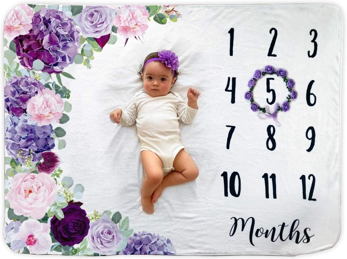 Baby Monthly Milestone Blanket | Includes Floral Wreath & Headband | 1 to 12 Months | Extra Soft Fleece | Best Photography Backdrop Photo Prop for Newborn | Baby Girl - Image 6