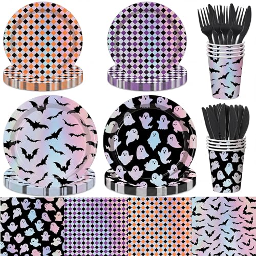 Yungyan 24 Set Summer Halloween Paper Plates and Napkins Cups with Forks and Knives Summer Halloween Disposable Dinnerware Set for Ghost Spooky Boo Birthday Shower Party Decoration(Laser)