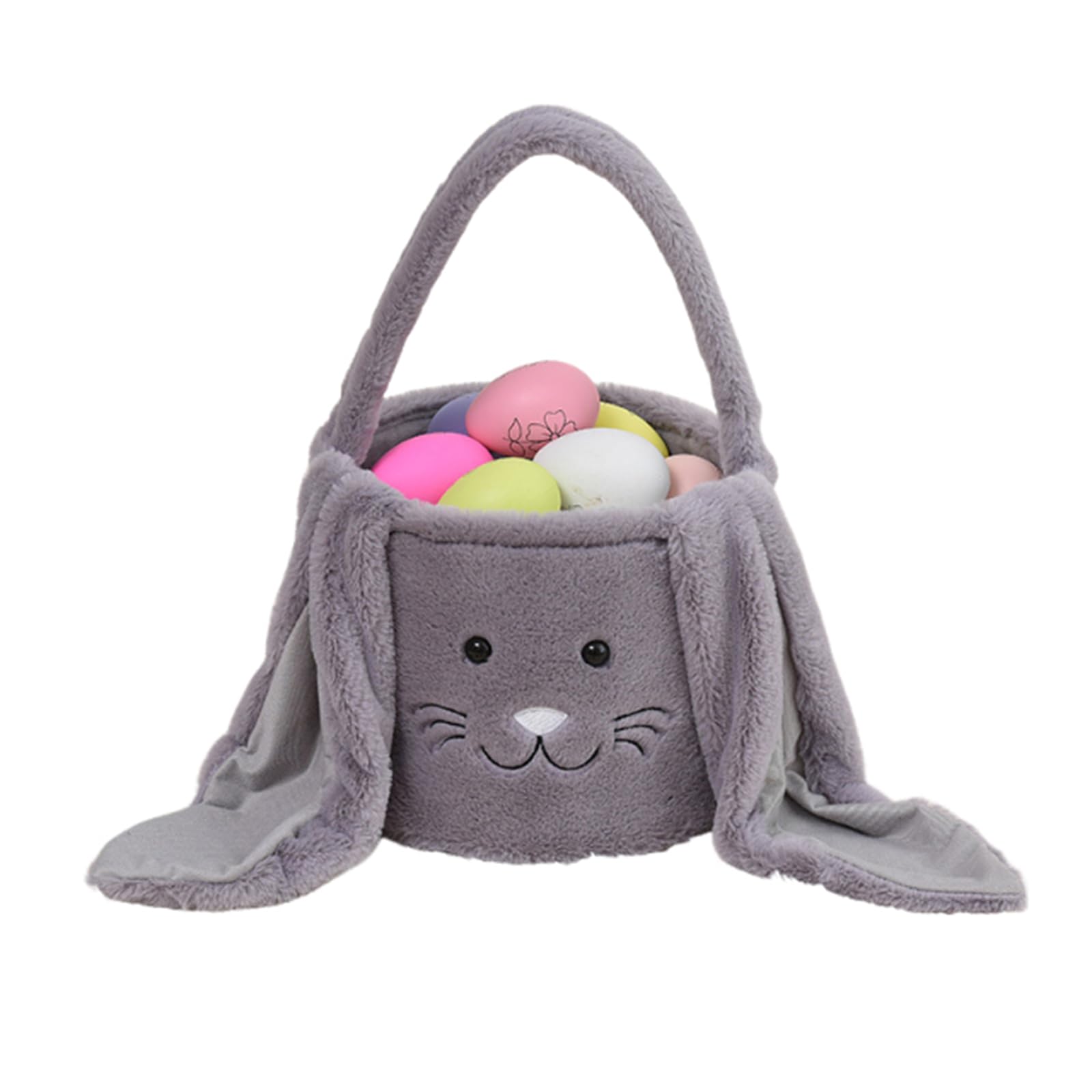 Plush Easter Bunny Basket Bags for Kids, Rabbit Bucket Tote with Long Fluffy Ears, Cute Egg Hunts Party Storage Candy Gifts Carry Bucket Decorations (Gray)