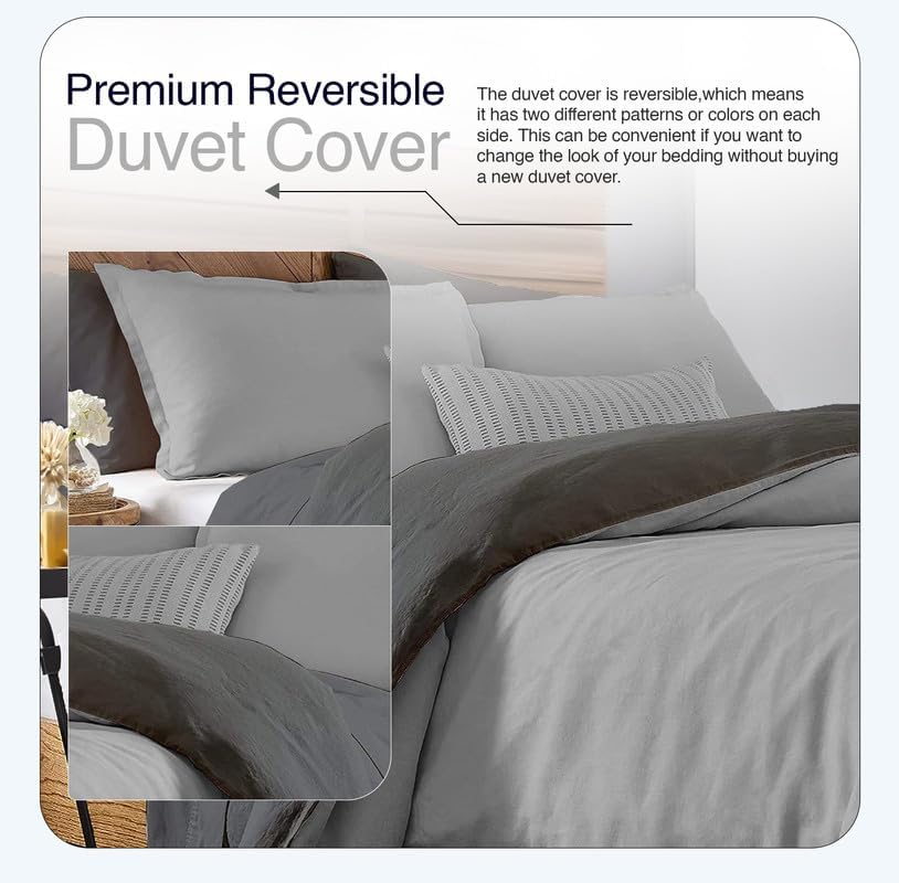 Miniatura 4 de Bluemoon Homes Juego de funda de edredón reversible de 3 piezas de 1000 hilos con 2 fundas de almohada, edredón 100% algodón egipcio, gris plateado