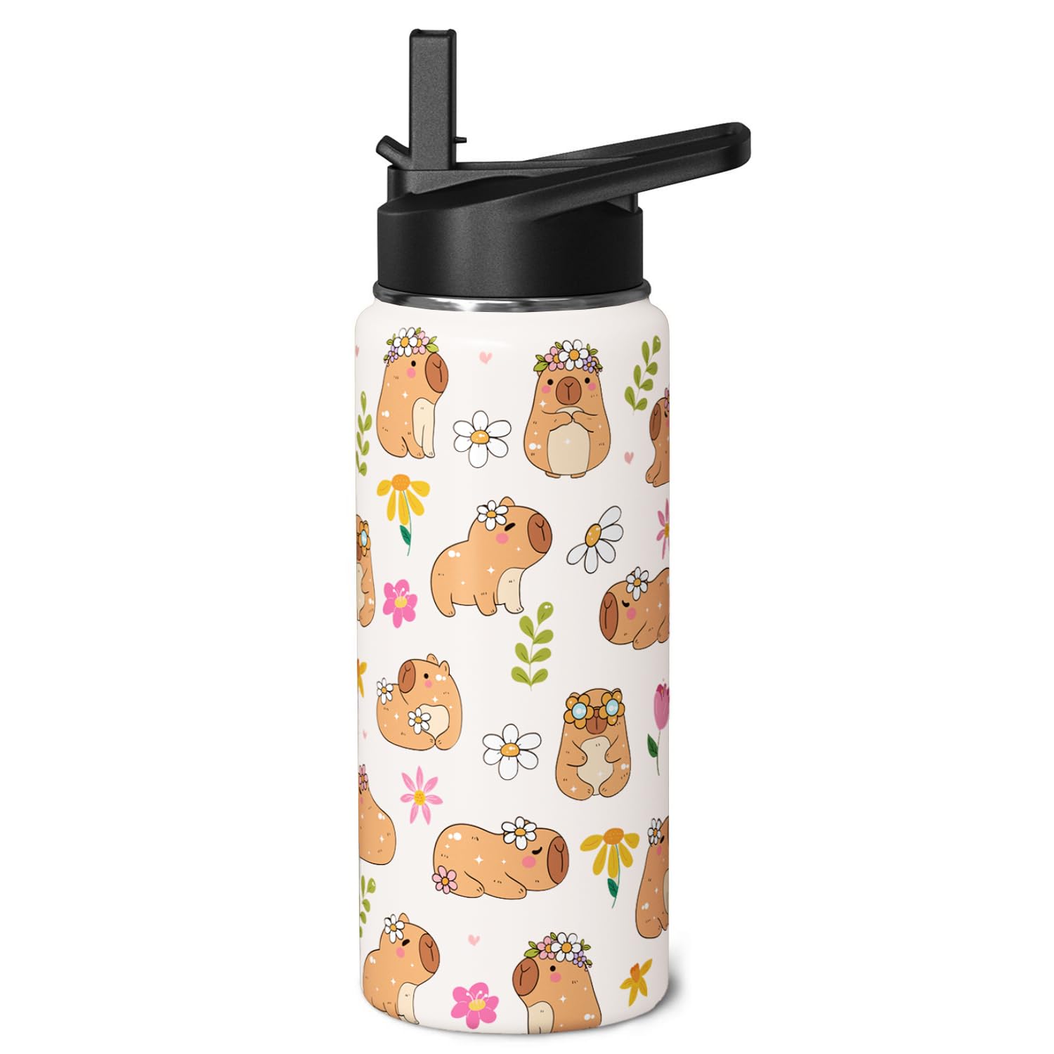Capybara Water Bottle 18oz Cute Kawaii Thermoses Insulated Sports Bottles Cup with Handle and Flip Straw Capybara Gifts Stuff for Kids Girls Women