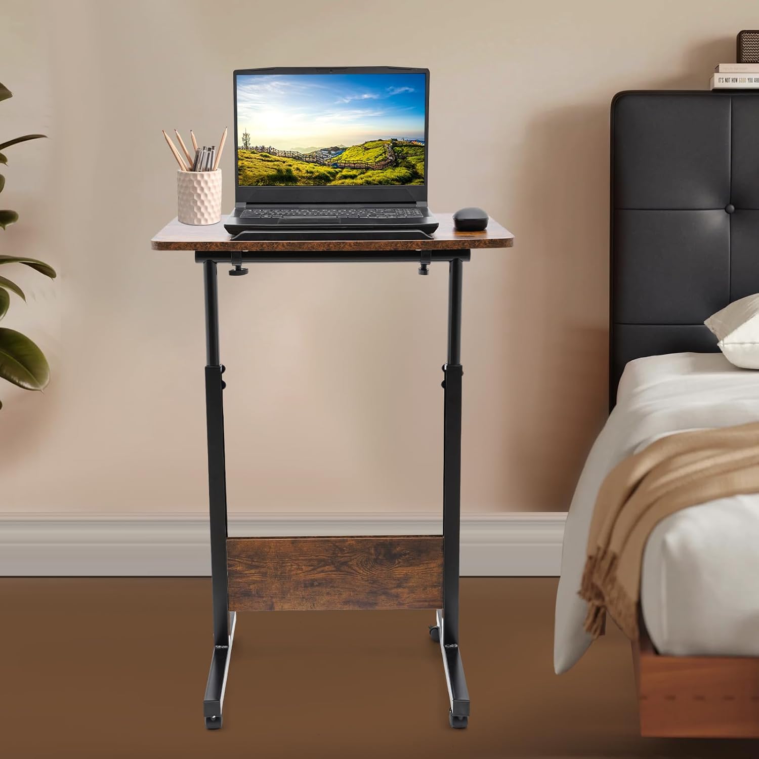 Adjustable Height Standing Desk, 24in Portable Laptop Desk Rolling Computer Stand w/Adjustable Height Ideal for Small Spaces and Home Offices (Brown, 24 * 16in)