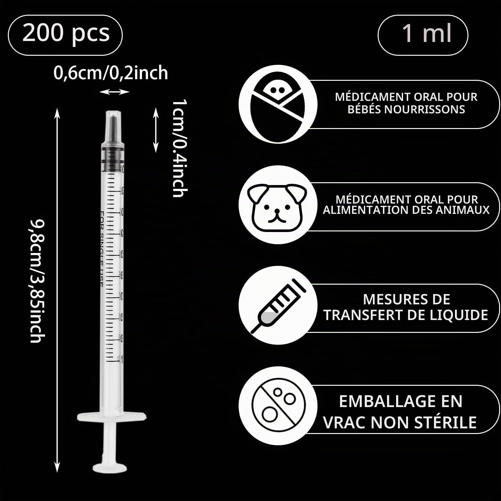 ASelected Lot de 200 seringues à insuline - 1 ml - En plastique - À usage unique - Sans aiguilles - Pour aliments, animaux de compagnie, laboratoires scientifiques - Emballées individuellement