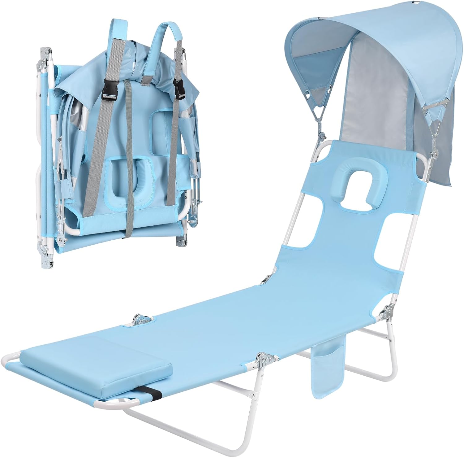 Backpack Beach Tanning Chair with Canopy Sun Shade & Face Hole, 6 Position Folding Lounge Sun Chair for Adults Outside Reading Sunbathing Poolside Camping Lawn, UPF 50+, Patent Design