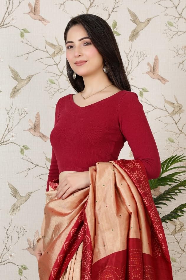 Image of Mlada V-Neck Stretchable Saree Blouse Top for Women | Slim Fit 3 /4th Sleeves Solid Cotton Blouses | Readymade Saree Blouses for Women Festive & Ethnic | Blouse Crop Top