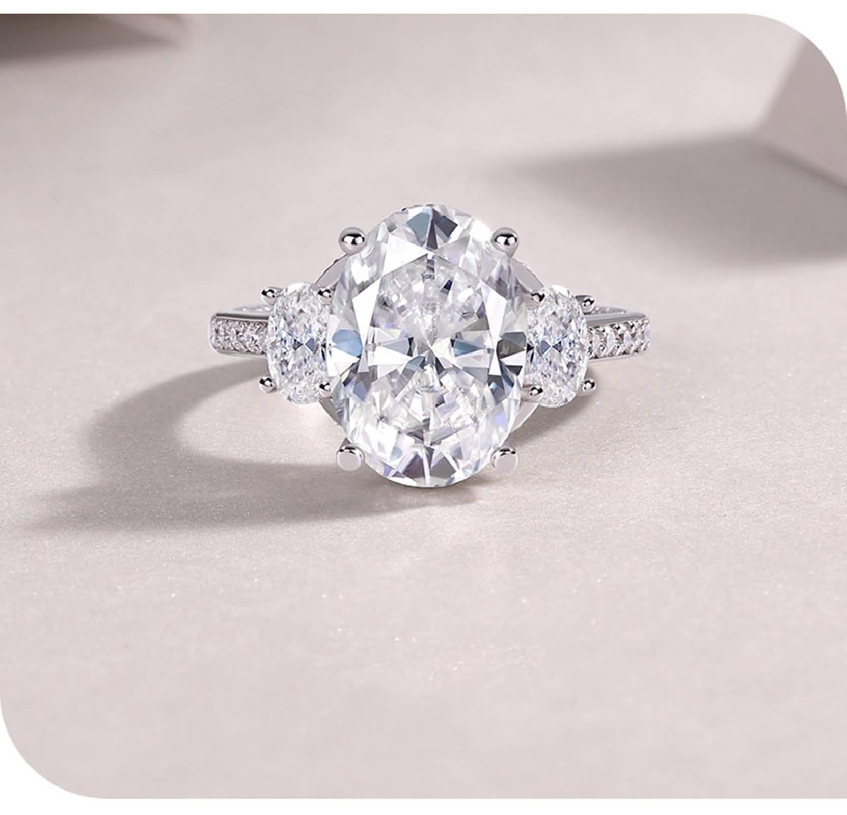 Promise Ring Frau, Promise Ring for Women Luxus mit Ovalem Moissanit 10 X 14 mm Silber 18K Weißgold Größe 47 (15.0)