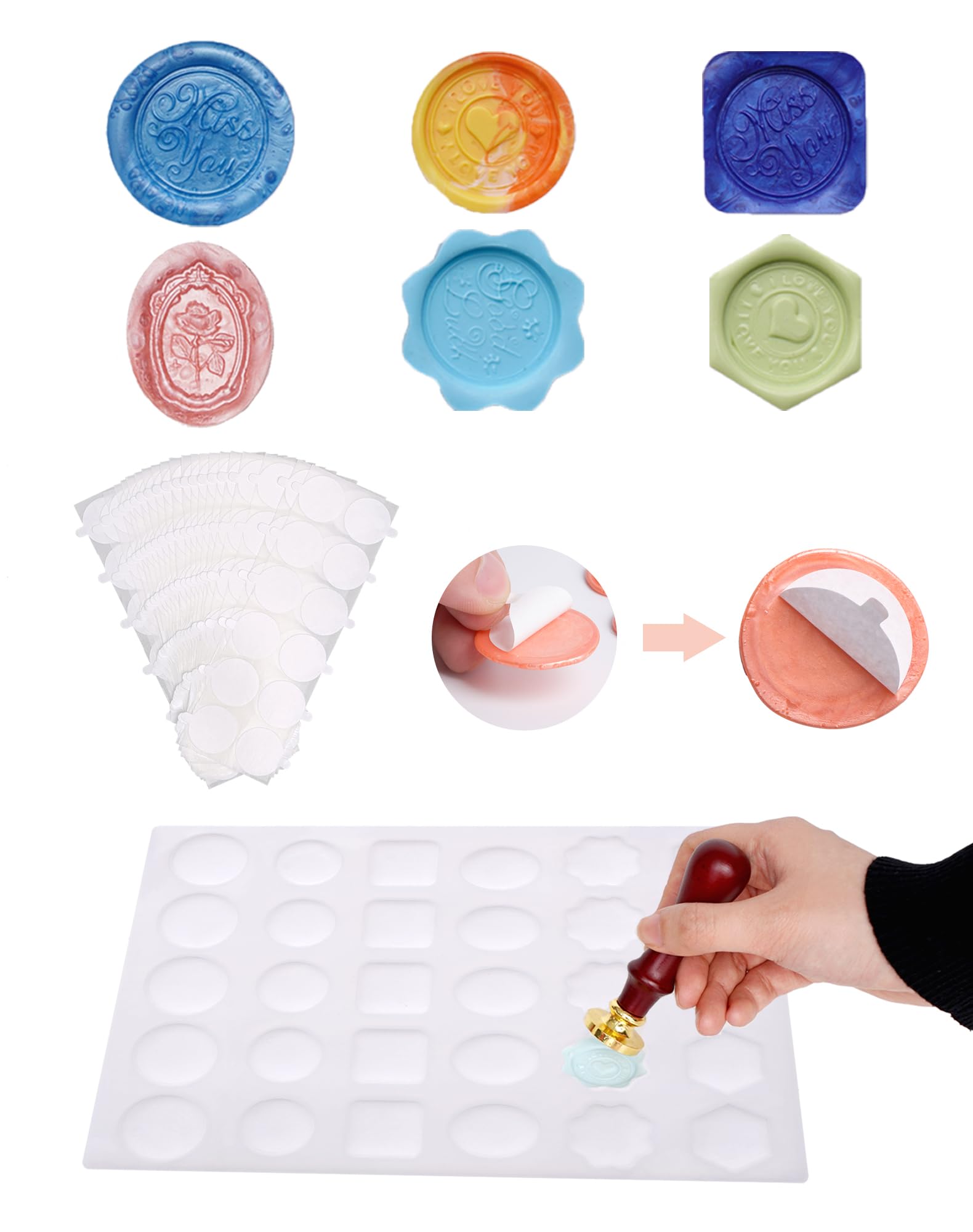 LANDVIDI Silicone Wax Seal Mat,30-Cavity Wax Seal Mold with 120 Double Sided Adhesive Dots Removable Sticky Dots for DIY Craft Adhesive Stickers
