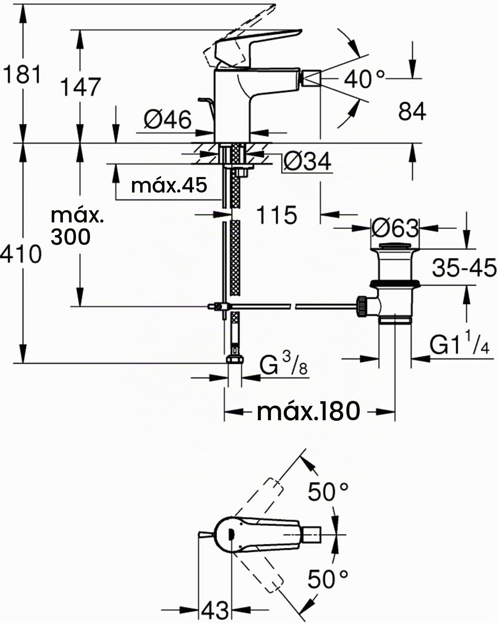 Grohe Start QuickFix- Grifo de bidé monomando S (vaciador automático, menor consumo de agua, instalación rápida, altura 147mm), cromo, 32560002