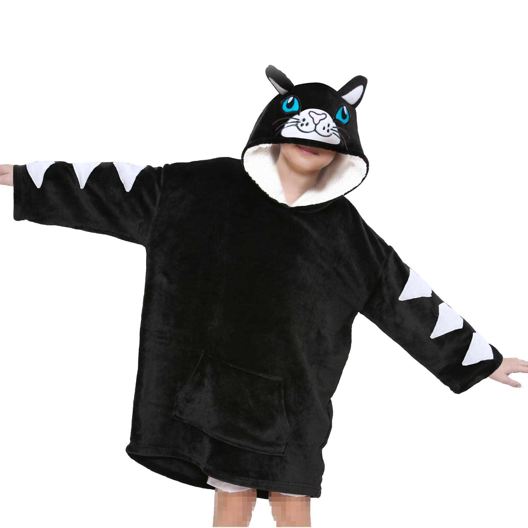 A2Z 4 Kids Girls Boys Oversized Hoodie Animal Blanket Super Soft Warm Fleece - Snuggle 957 Cat Black Kids 7-13