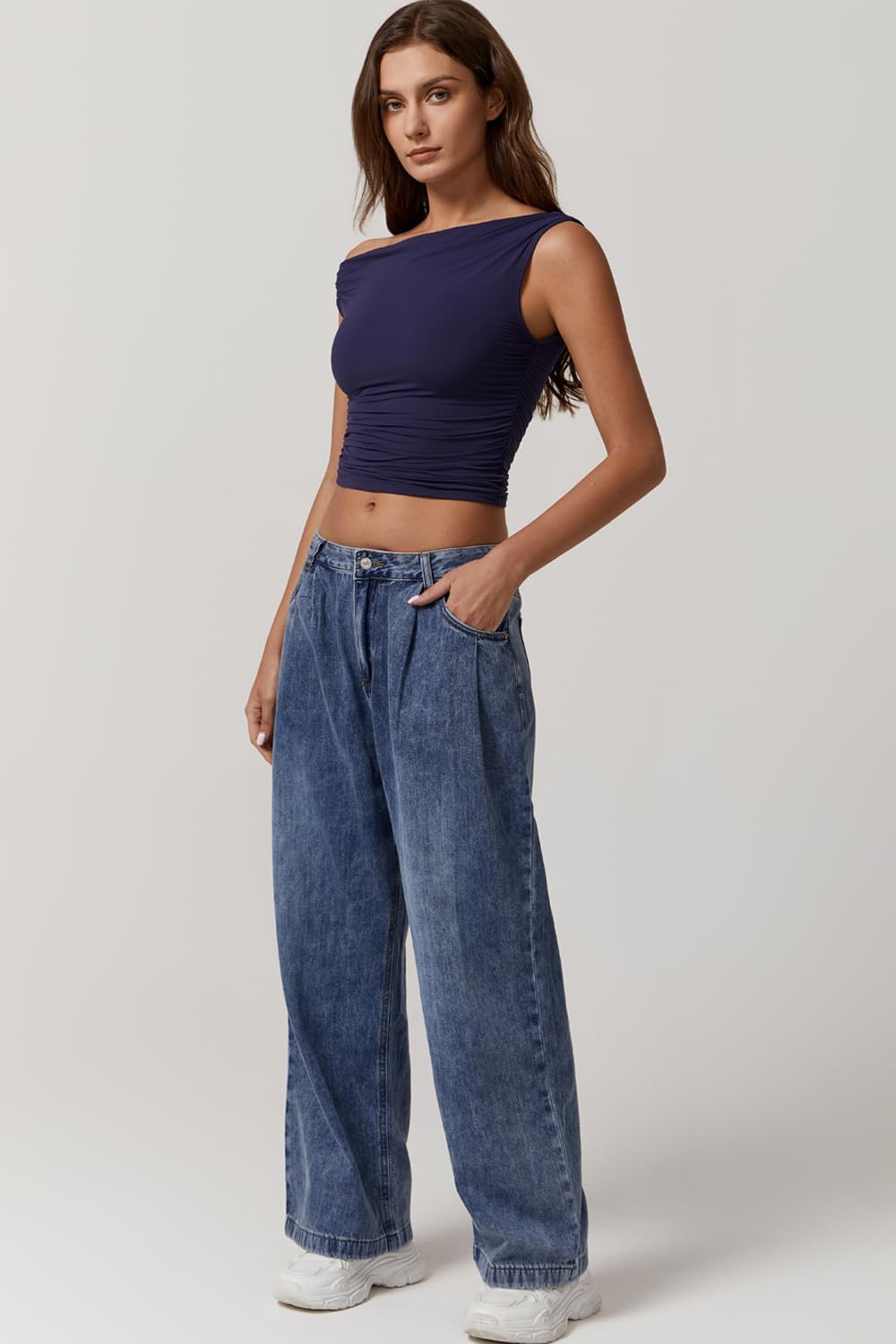 QINSEN Women's One Shoulder Tee Tops Slimming Fit Daily Tank Double Lined Going Out Shirt Navy M - Image 5