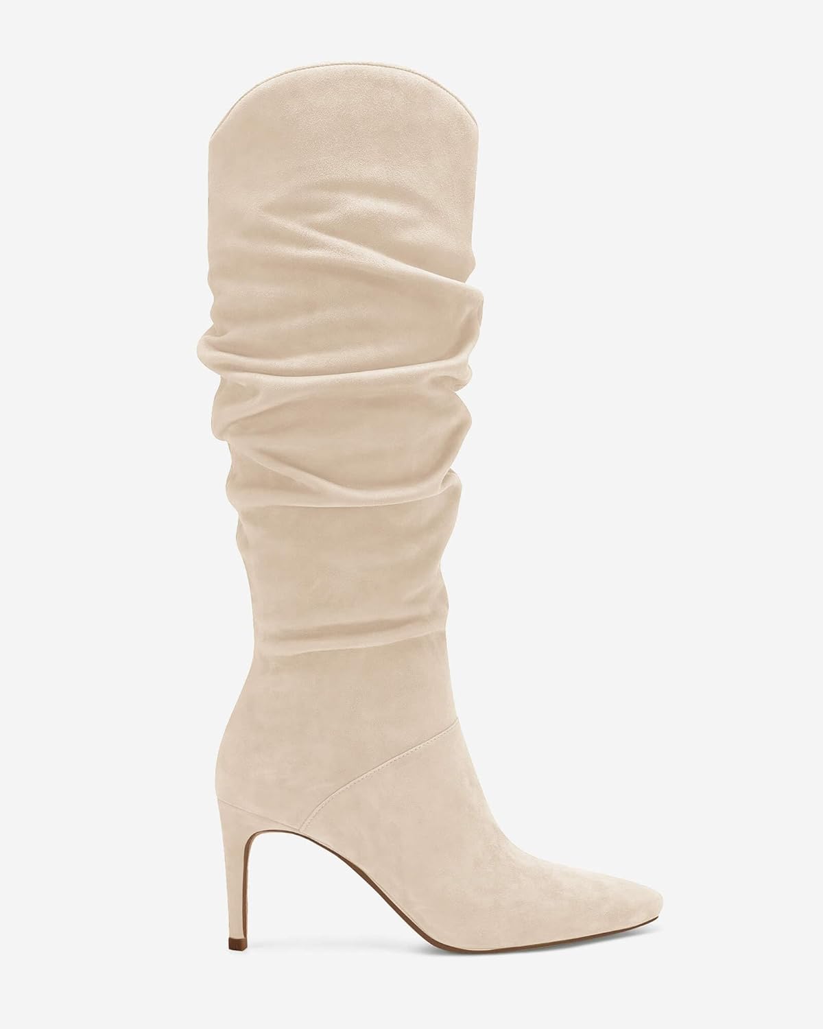 Coutgo Womens Knee High Boots Faux Suede Almond Toe Stiletto High Heel Slouchy Side Zipper Booties - Image 5