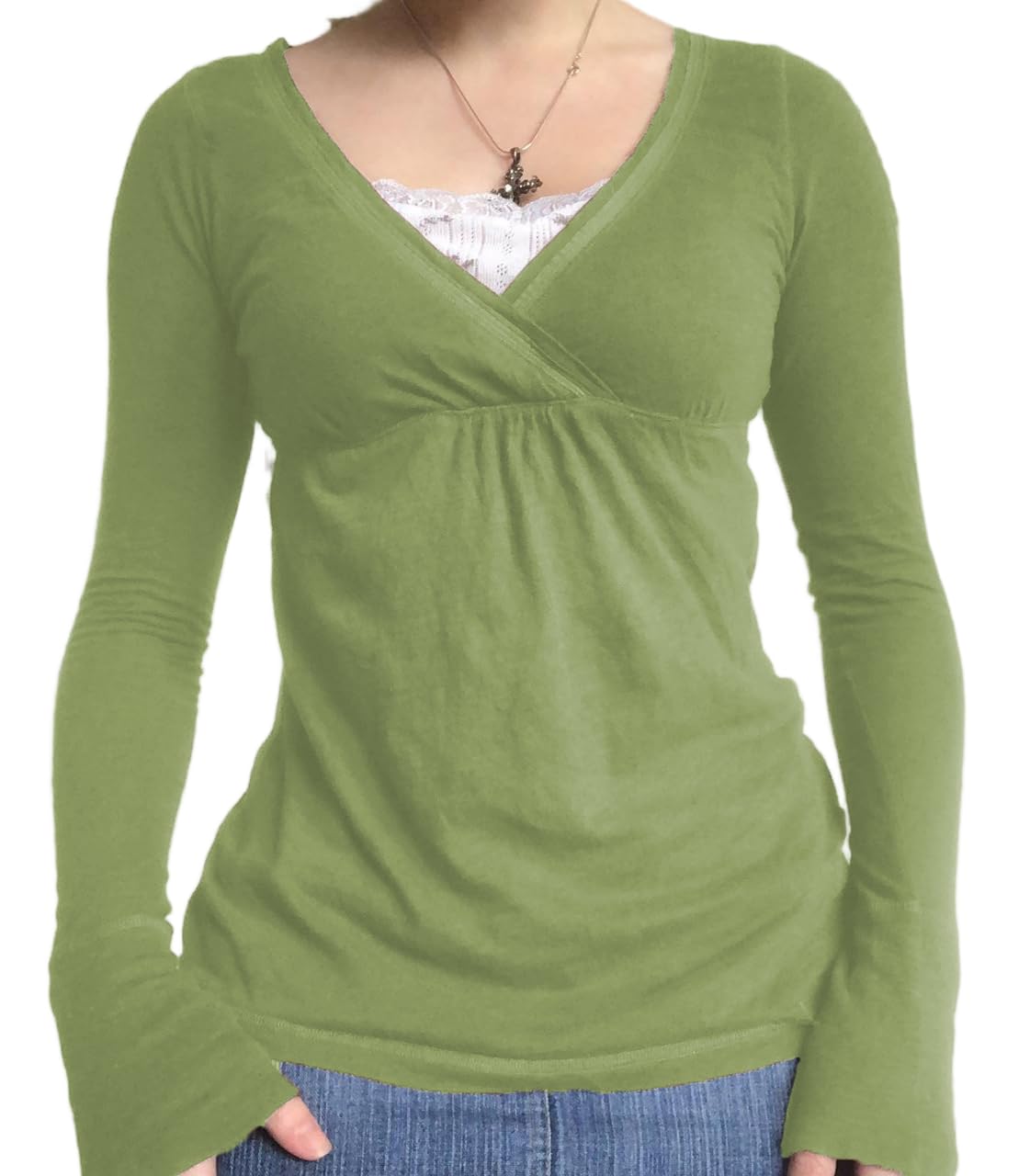 Eimmao Women Babydoll Long Sleeve Top Y2K V Neck Shirts Green M โ image 1