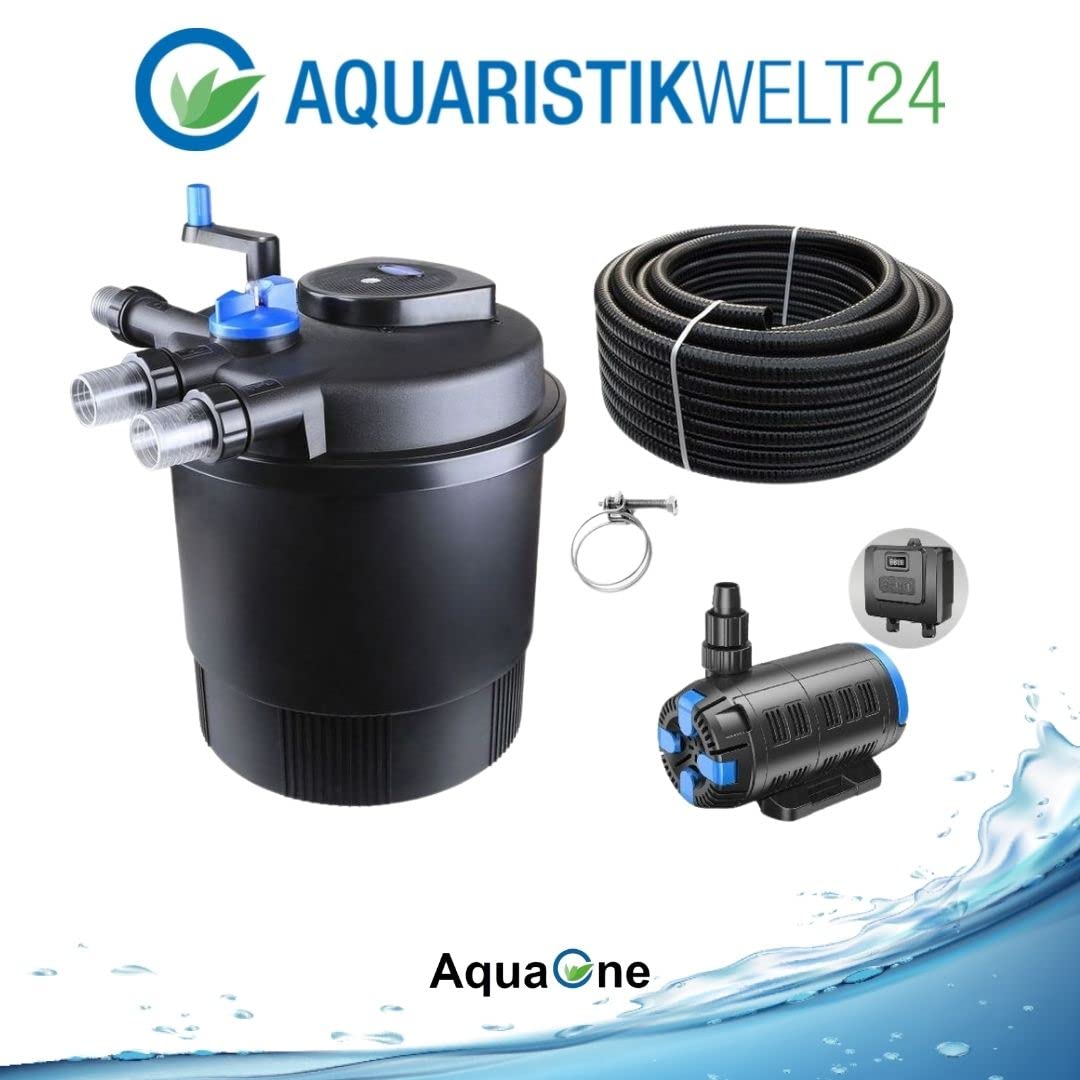 AquaOne Set di filtri per laghetto con pompa per laghetto, impianto di filtraggio CPF-20000 per laghetto fino a 40.000 litri, set completo con lampada UV, pompa Eco regolabile 37-180 Watt, tubo per