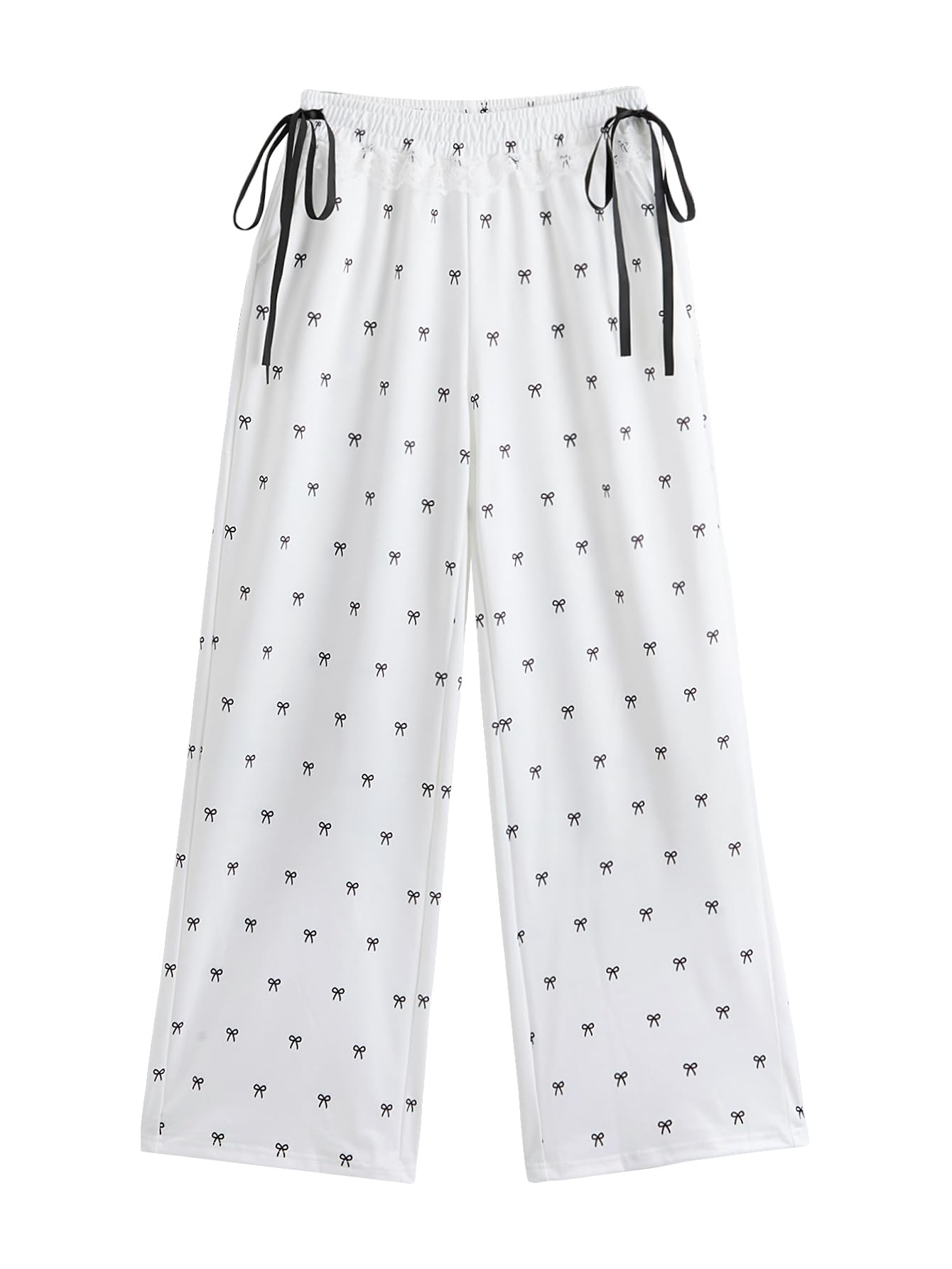 SweatyRocks Womens Y2k Bow Pant Lace Trim Straight Leg Pants Elastic Waist Cute Long Trousers