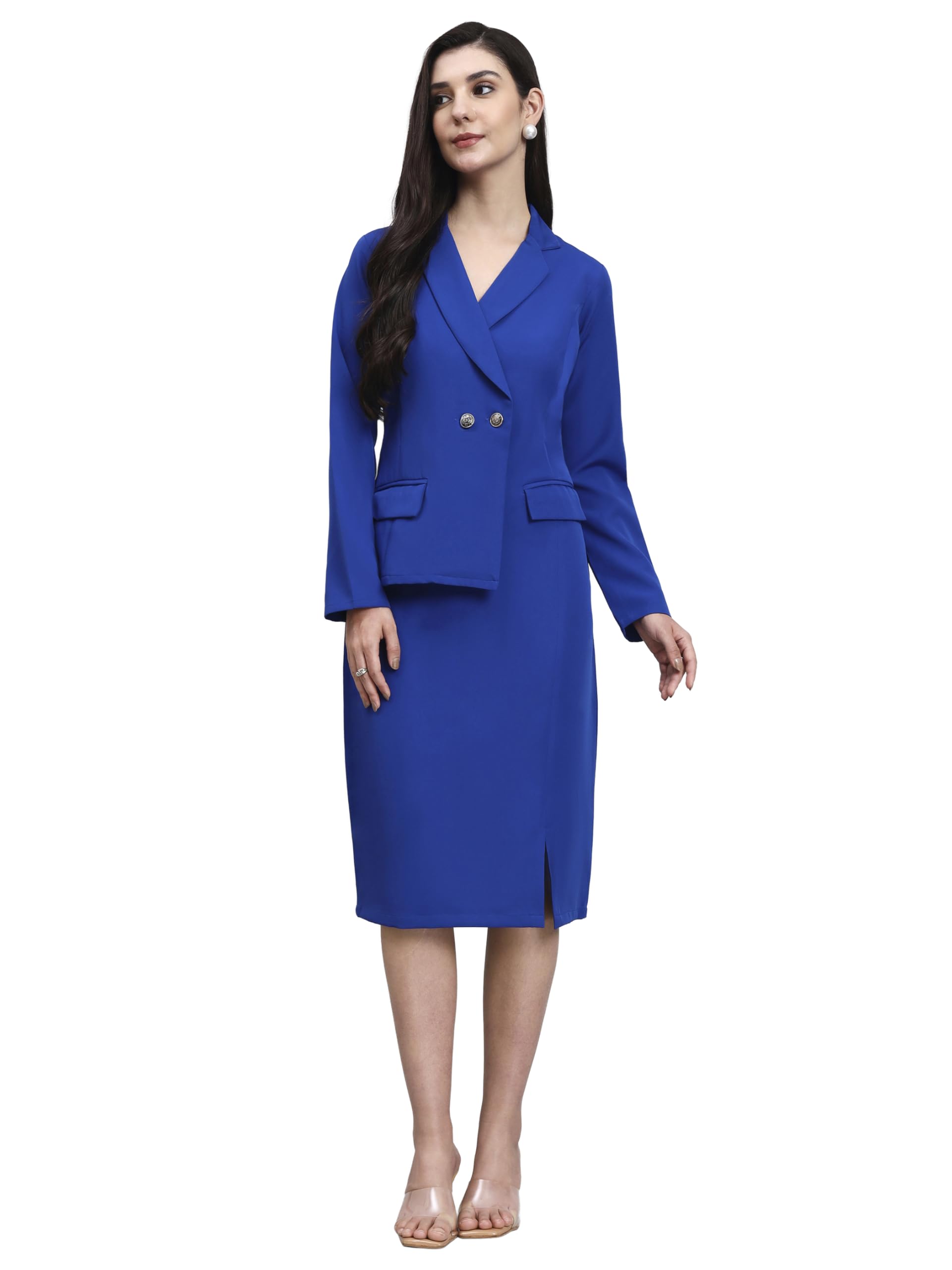 powersutra Cobalt Blue Double-Breasted Blazer Dress for Women | Elegant Knee-Length One-Piece | Stylish-picture-46