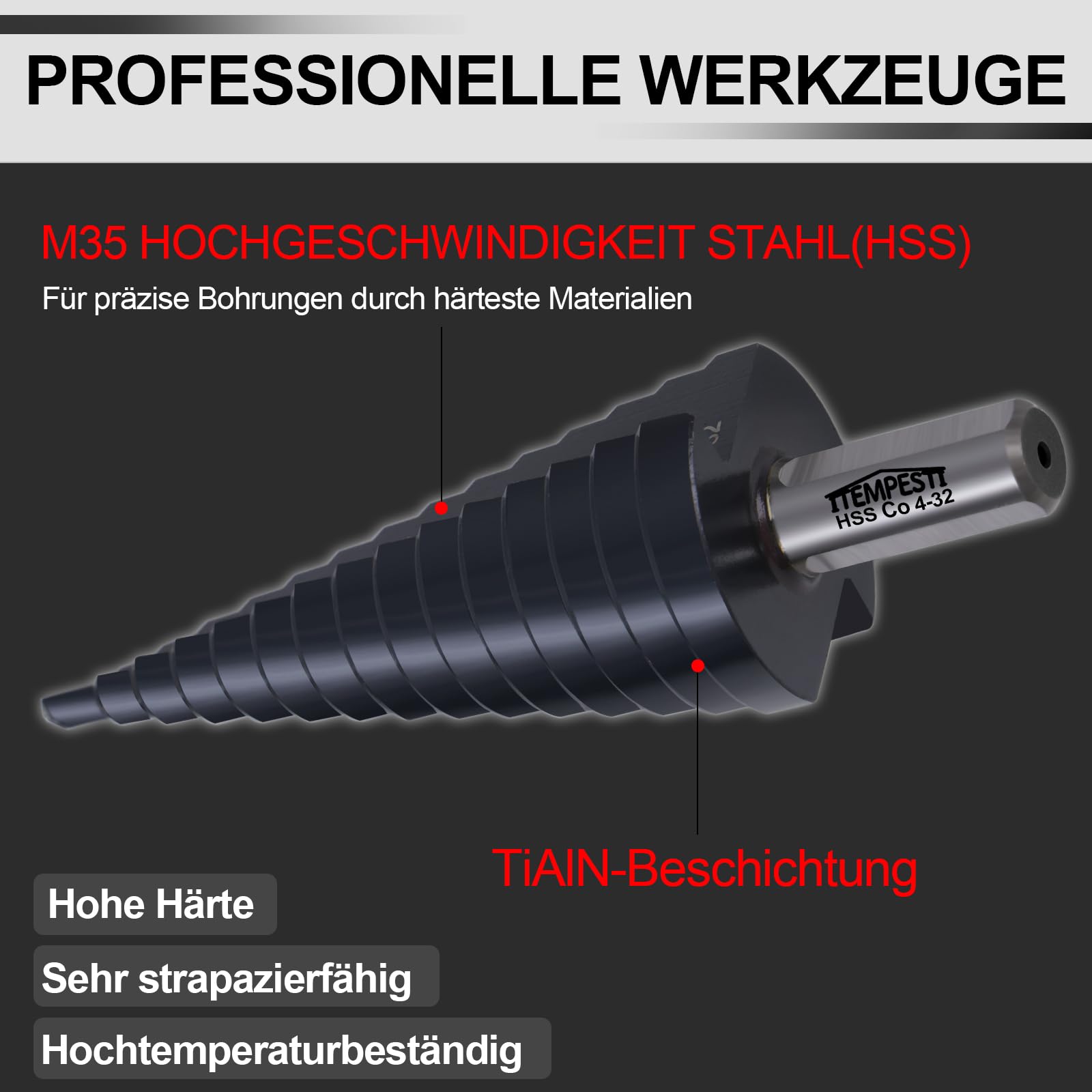 Foret étagé M35 en cobalt, Ø 4-32 mm, revêtement TiAlN, robuste et résistant aux hautes températures, convient pour métal, acier inoxydable, plastique, bois