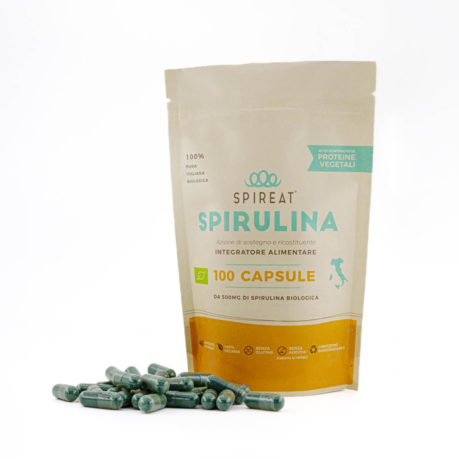 Capsule di Spirulina Pura - Italiana e Biologica - 100 capsule per confezione - 0,5 g per capsula - rilascio immediato, senza sapore, ricca di vitamine, proteine e sali minerali