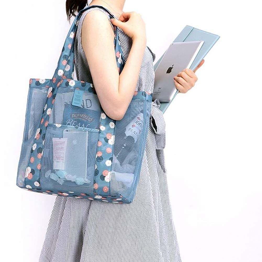 XINCHIA Mesh Beach Tote Bag Waterproof Mesh Folding Shoulder Bag Reusable Shopping Sand Toys Storage Multi-functional Carry Net Organiser for Family Holiday Picnic Swimming Pool Grocery Organizer - Image 4