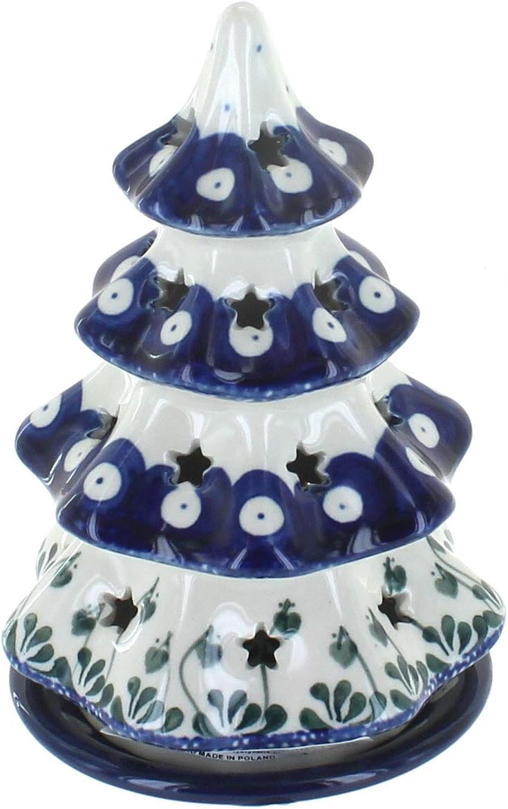 Blue Rose Polish Pottery - Blue Winter Bells Small Christmas Tree Luminary - 6" Tall - Hand-Painted Polish Pottery Holiday Candle Holder, Unique Christmas Gift & Festive Décor