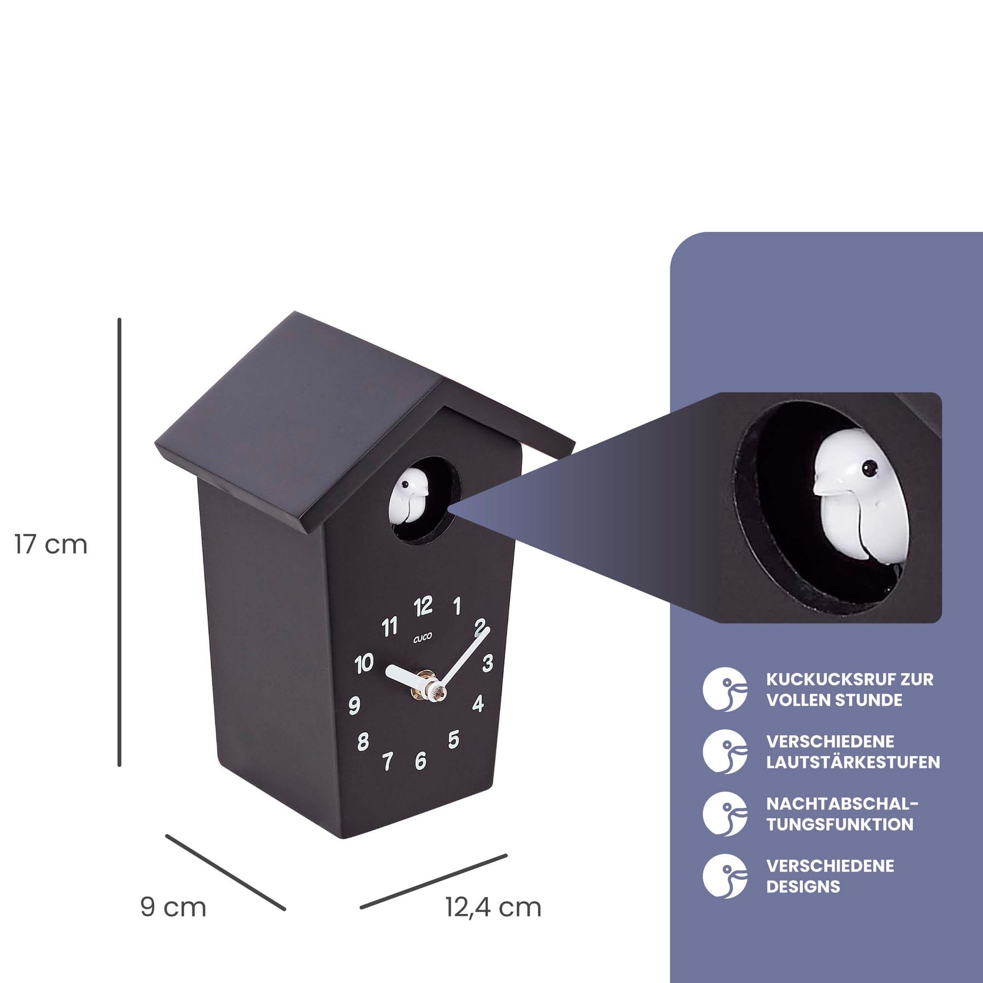Mini Kuckucksuhr HOCHHAUS 17,0 × 12,4 × 9,0cm, Wanduhr, Moderne Schwarzwalduhr, Wanduhr mit Nachtruhefunktion, Kuckucksruf Vogelstimme, Quarzuhrwerk