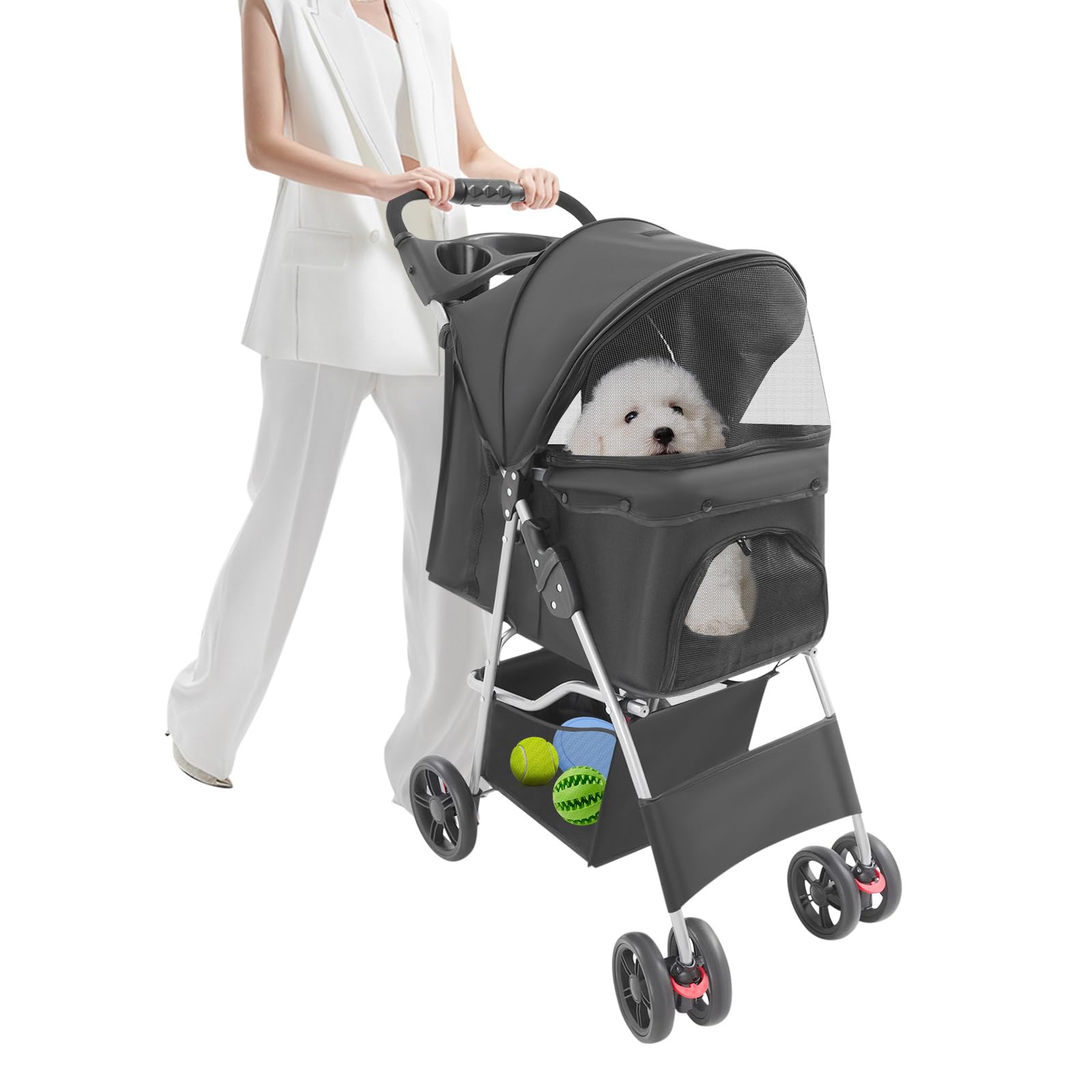 Passeggino per animali domestici, con cestino per la spesa, ruote con freni a 360°, per cani di taglia media fino a 15 kg