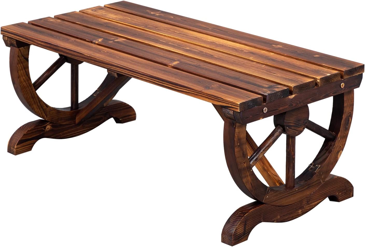 Outvita Wooden Garden Bench, Outdoor Rustic Wagon Wheel Bench with Carbonized Finish & Fir Construction for Garden Porch Backyard Patio Park, Seats 2 Person Brown