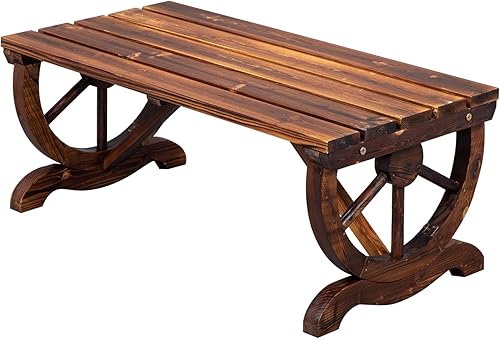 Outvita Banco de jardín de madera, banco de ruedas rústico para exteriores con acabado carbonizado y construcción de abeto para jardín, porche,