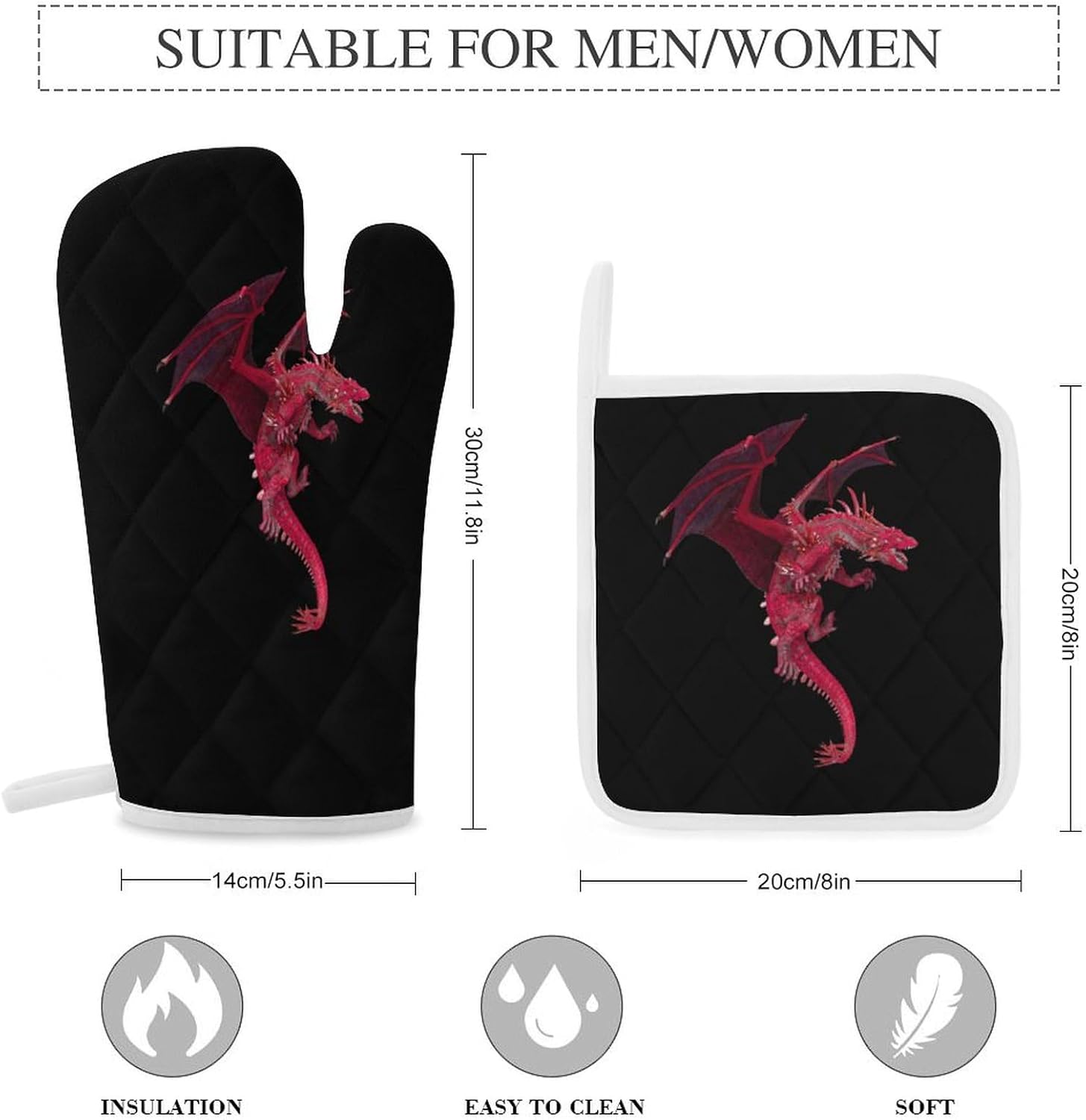 Cool Dragon Print Oven Mitts and Pot Holders 3 Piece Sets Heat Resistant Gloves Hot Pads Potholders for Kitchen Baking Cooking