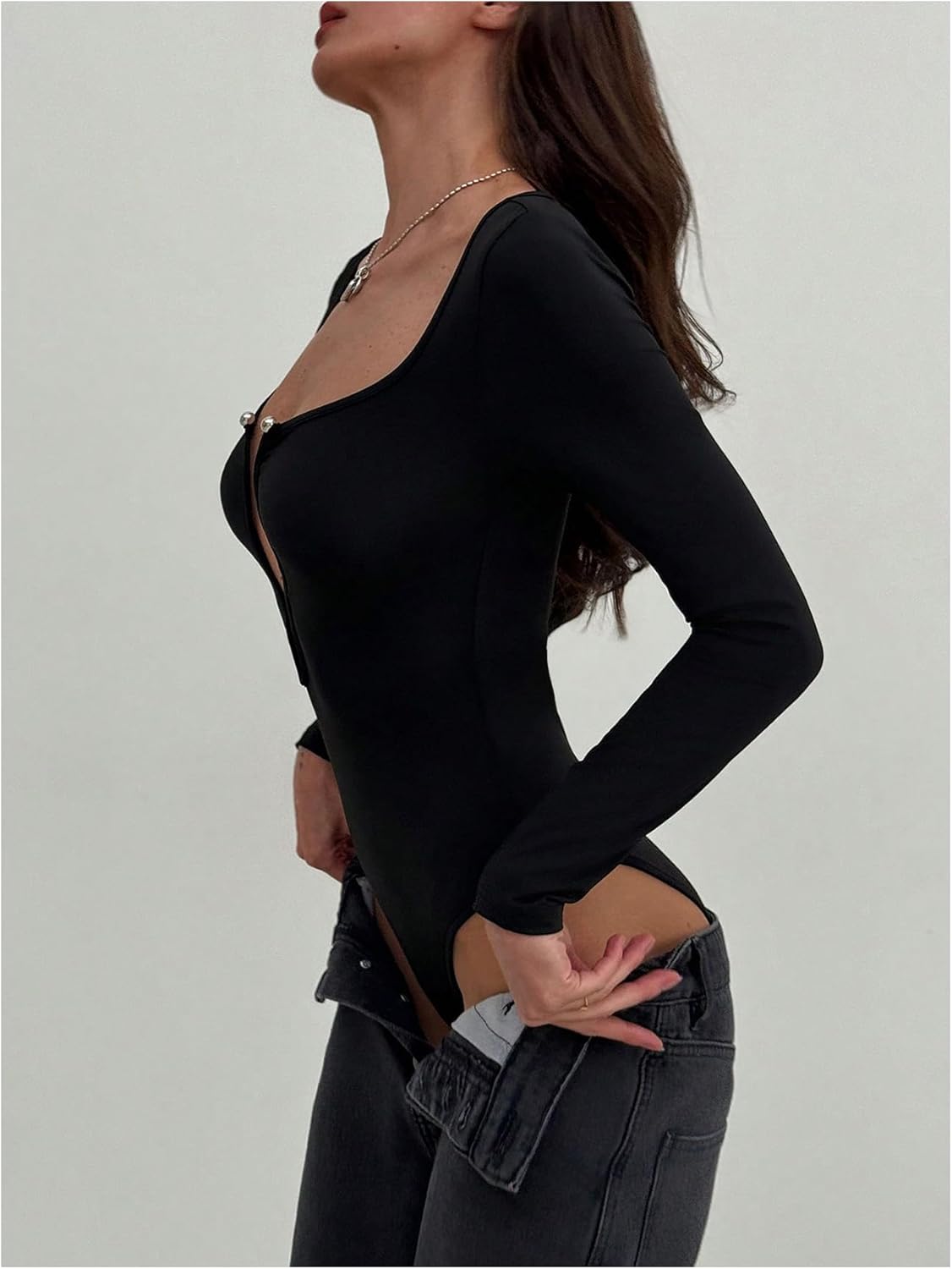 SweatyRocks Women's Deep V Neck Long Sleeve Bodysuit One Piece Leotard Sexy Going Out Tops - Image 4