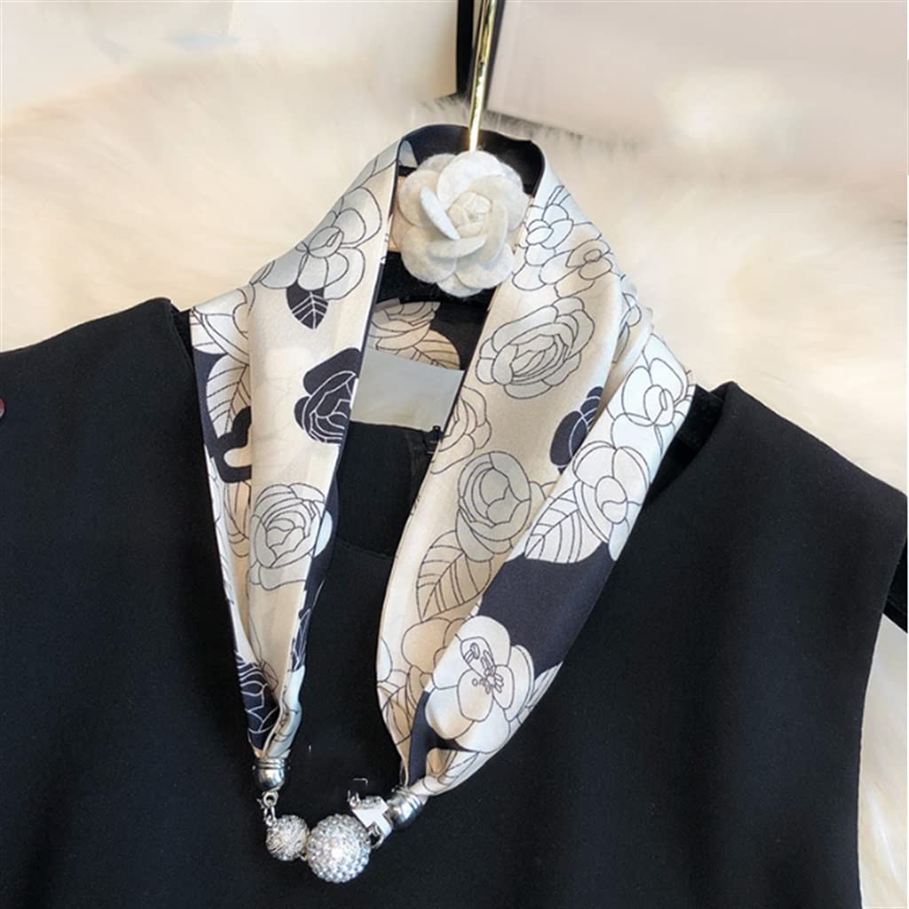 Collier foulard en soie noir et blanc pour femme avec boucle magnétique