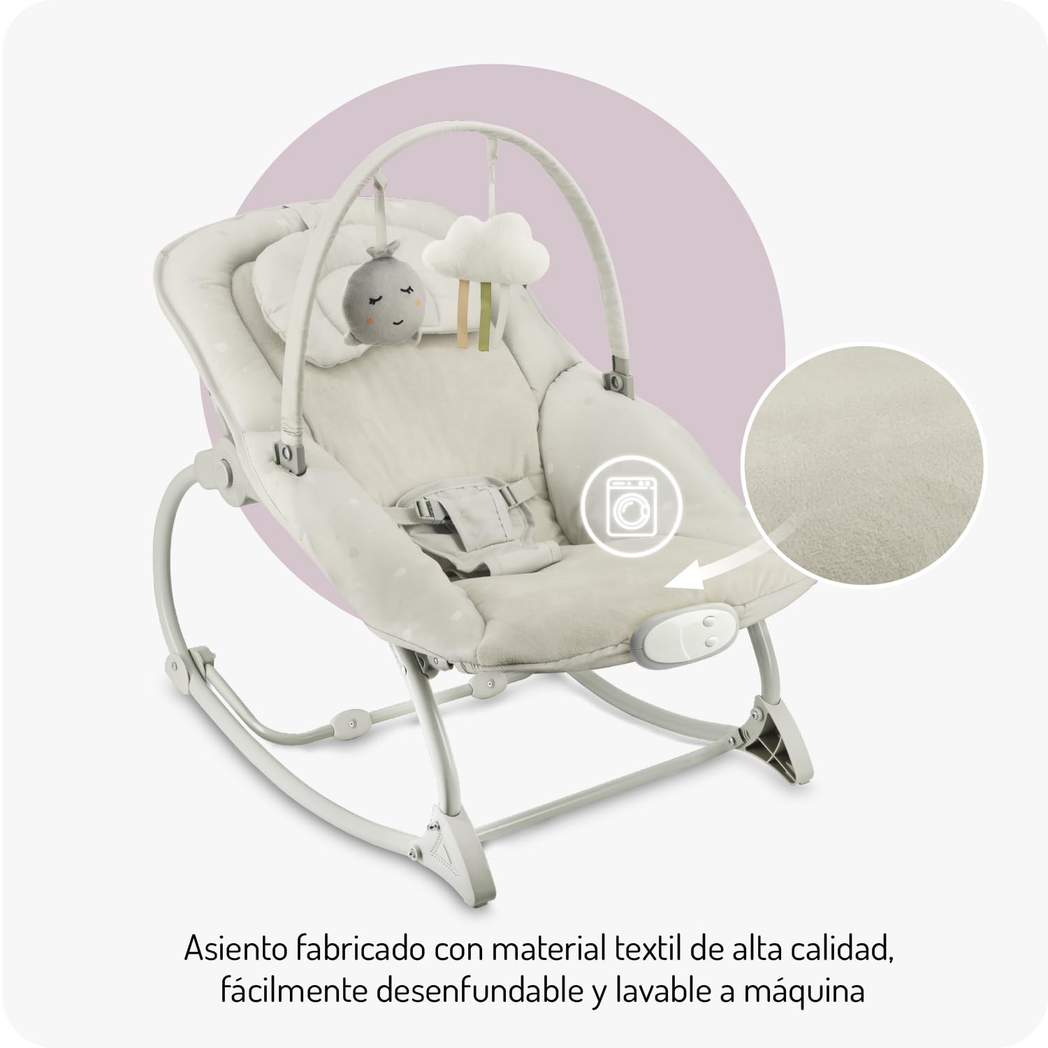 Mecedora MoMi LAPIS para niños hasta 12 kg, a pilas, arnés 3 puntos, barra con 2 juguetes, respaldo 3 posiciones, 8 melodías, control volumen, 3 modos de vibración