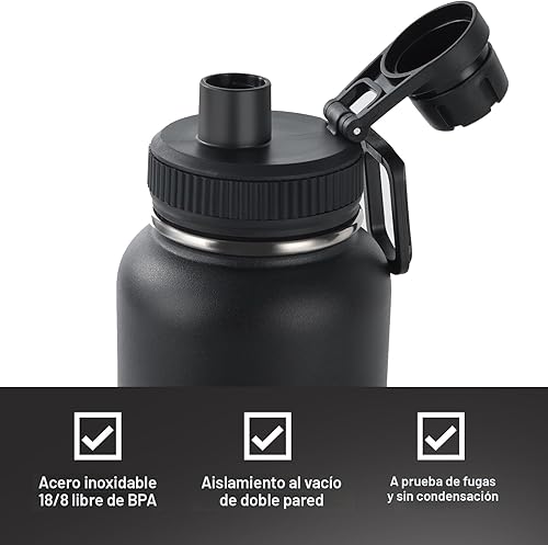 Miniatura 4 de Navigate Botella de agua deportiva de acero inoxidable aislada de 32 onzas con tapa de boquilla y asa, jarra de agua de boca ancha con doble pared a