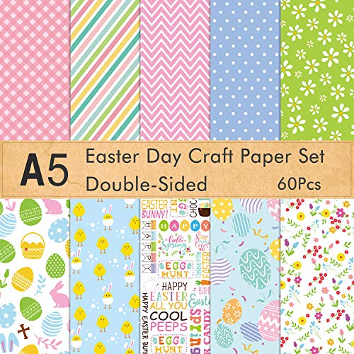 FEPITO 60 Pcs Pâques Papier Décoratif Ensemble A5 Taille Papier Craft pour Pâques Carte Faire...