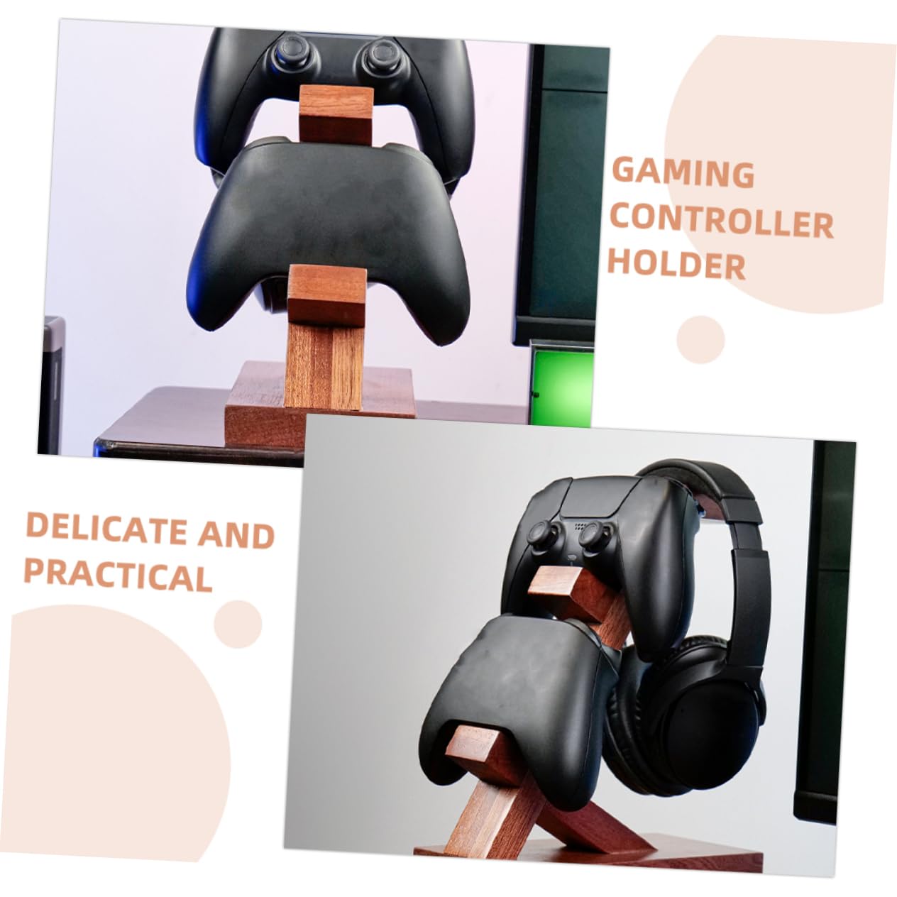 VILLCASE Soporte para Controlador y Auriculares de Madera Marrón Diseño Simple para Almacenamiento y Protección en Área de Entretenimiento Gaming