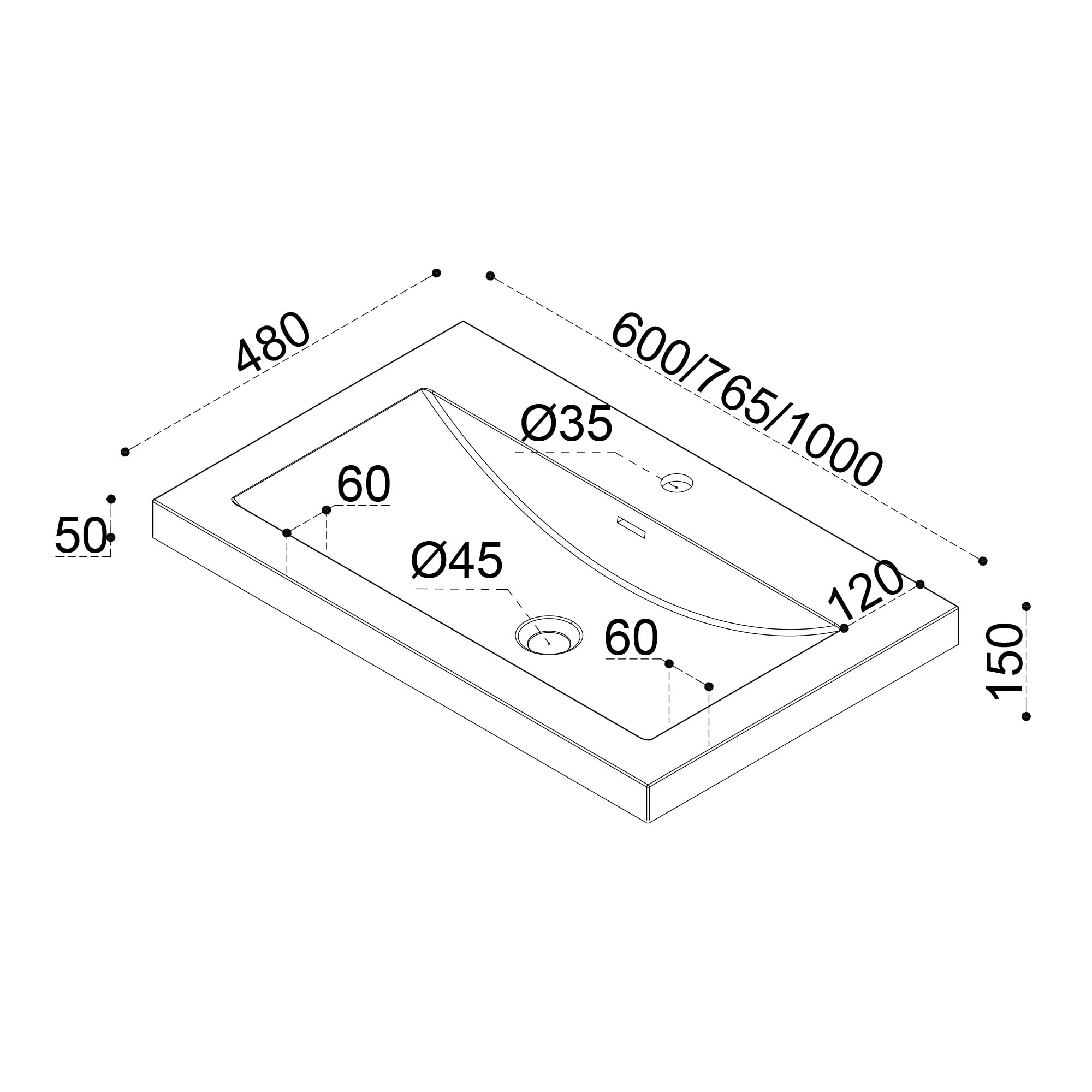 Maggio & Mai - Lavabo da incasso Col01, in ghisa minerale, bianco, rettangolare, 1 foro per rubinetto, funzione troppopieno, larghezza: 60 cm