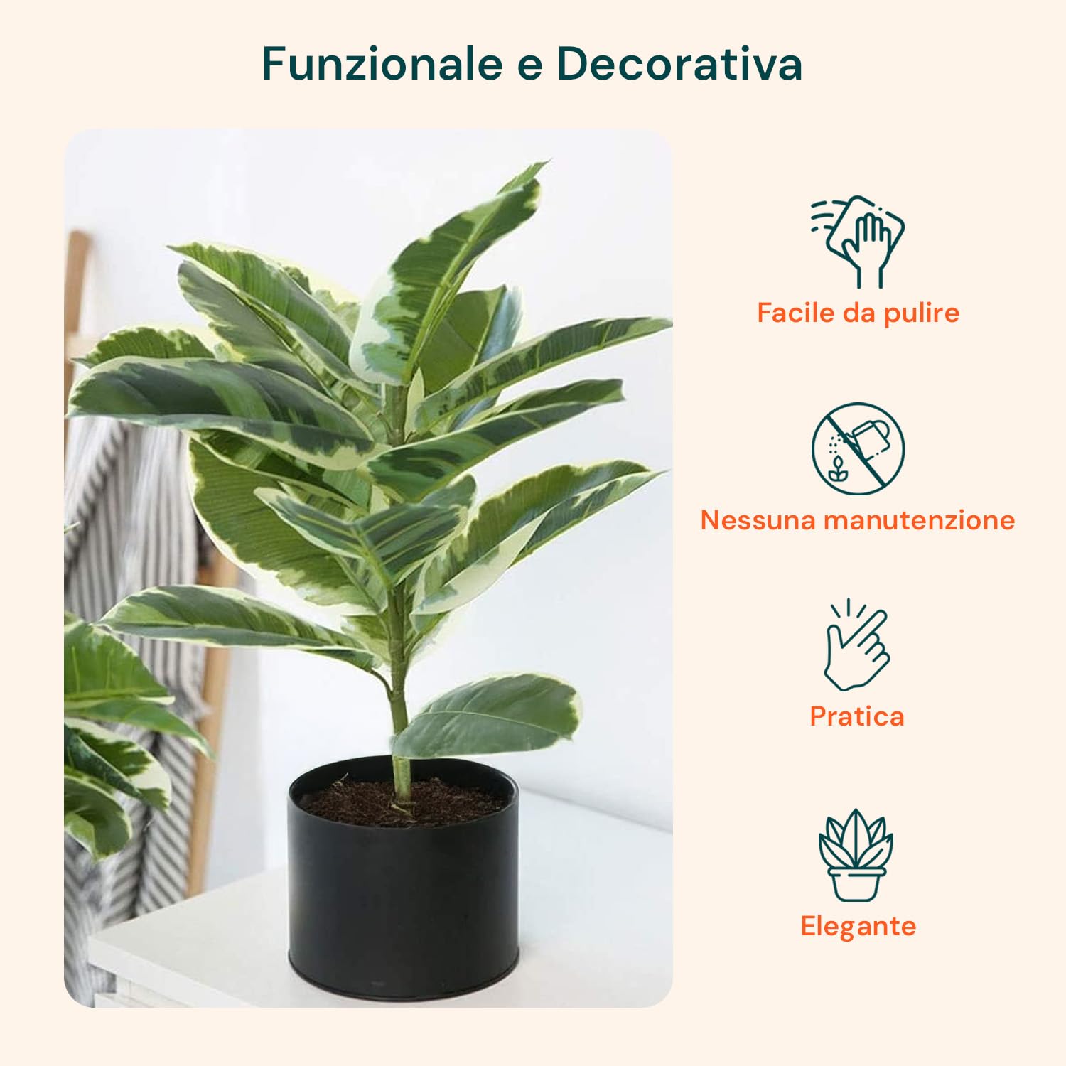 Wintem Pianta di Ficus Elastica Artificiale in Polietilene con 15 Foglie, 65 cm, Vaso con Muschio, Pianta Decorativa da Interno
