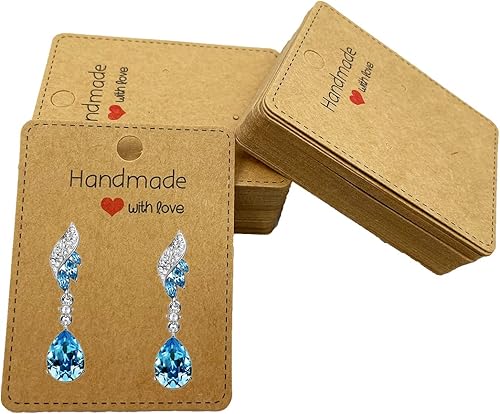 100 tarjetas de pendientes, tarjetas de papel kraft para la venta, hechas a mano con etiquetas de amor, tarjetas de exhibición de joyas para