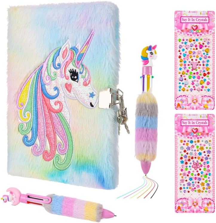 Uooker Unicorn Secret Diary With Lock For Girls, Plush Unicorn Journal