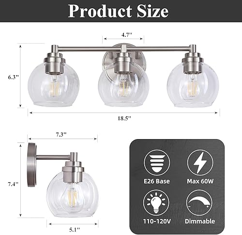 Miniatura 4 de Lámparas de baño de 3 luces, moderna lámpara de tocador con pantalla de cristal de globo, luces de baño de níquel cepillado sobre espejo, luces de